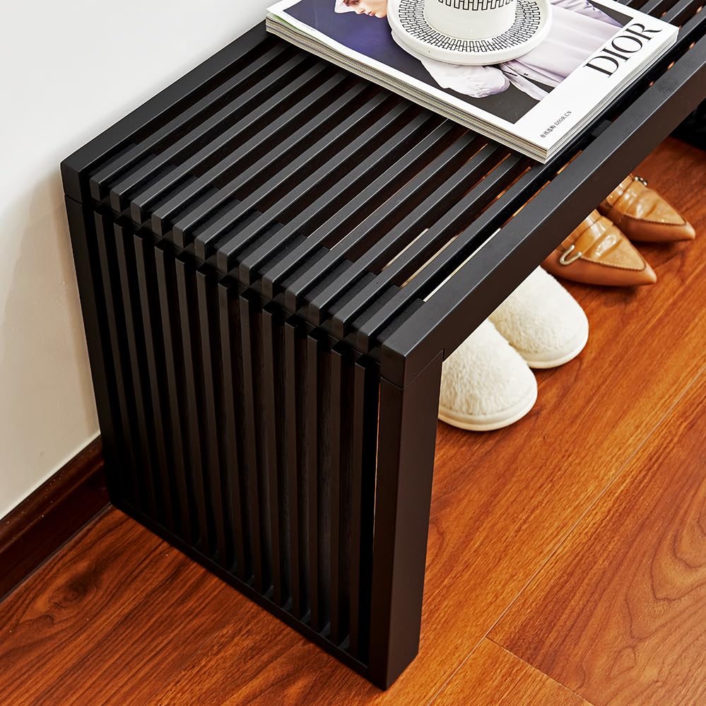 Wooden Slatted Bench Black Modern Design
