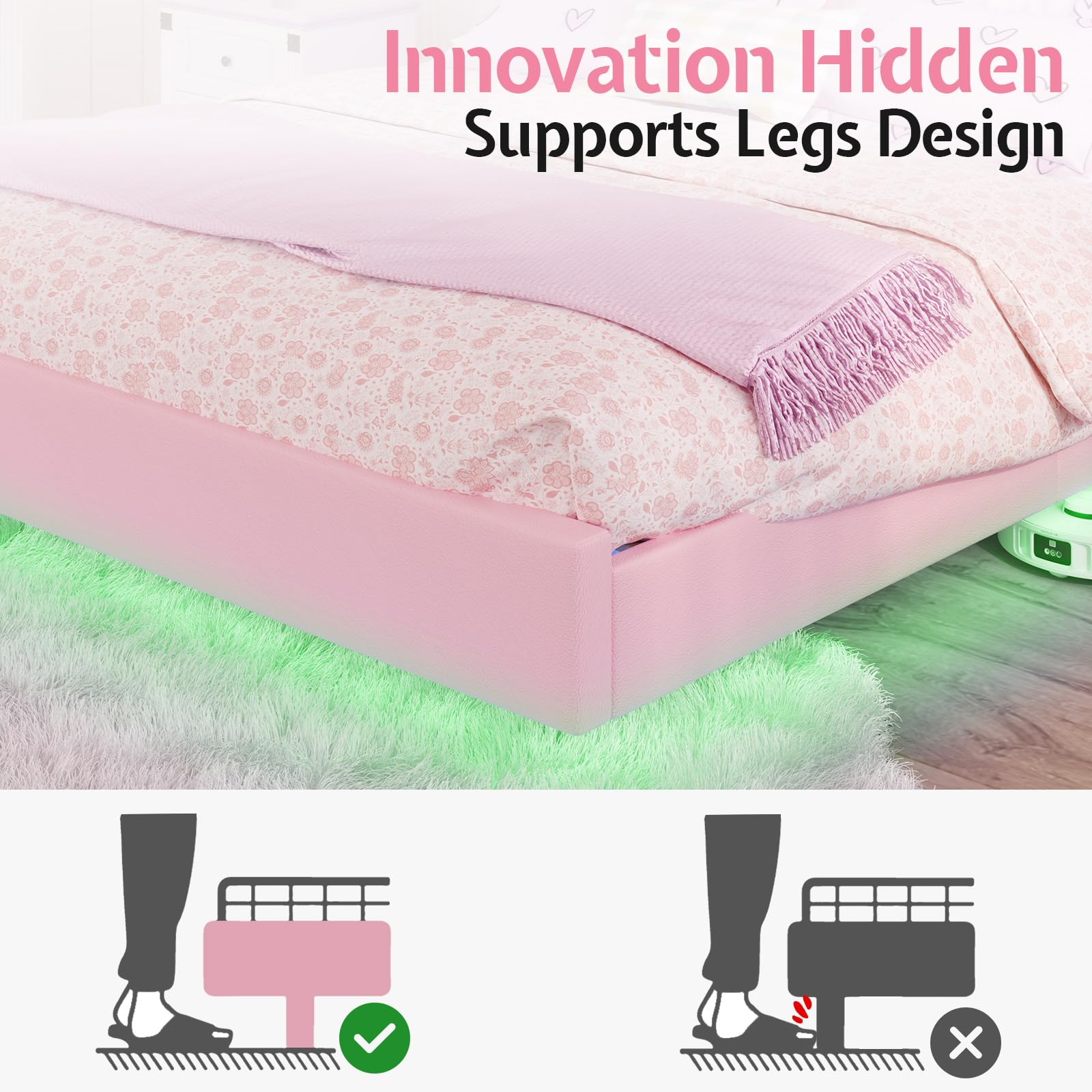 Queen Pink Upholstered Platform Bed with LED Lights
