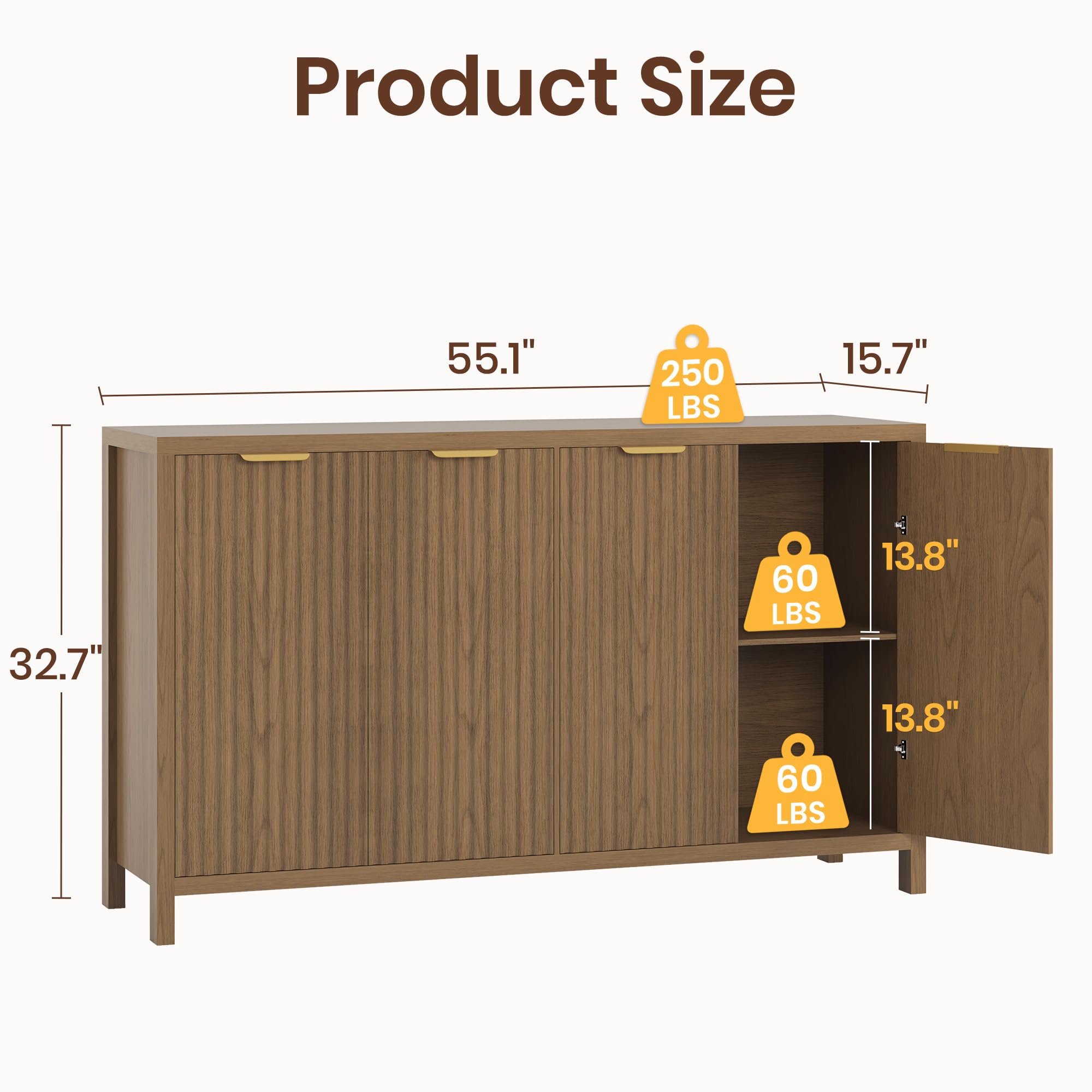 Fluted Buffet Cabinet with Storage 55" Sideboard with 4 Doors