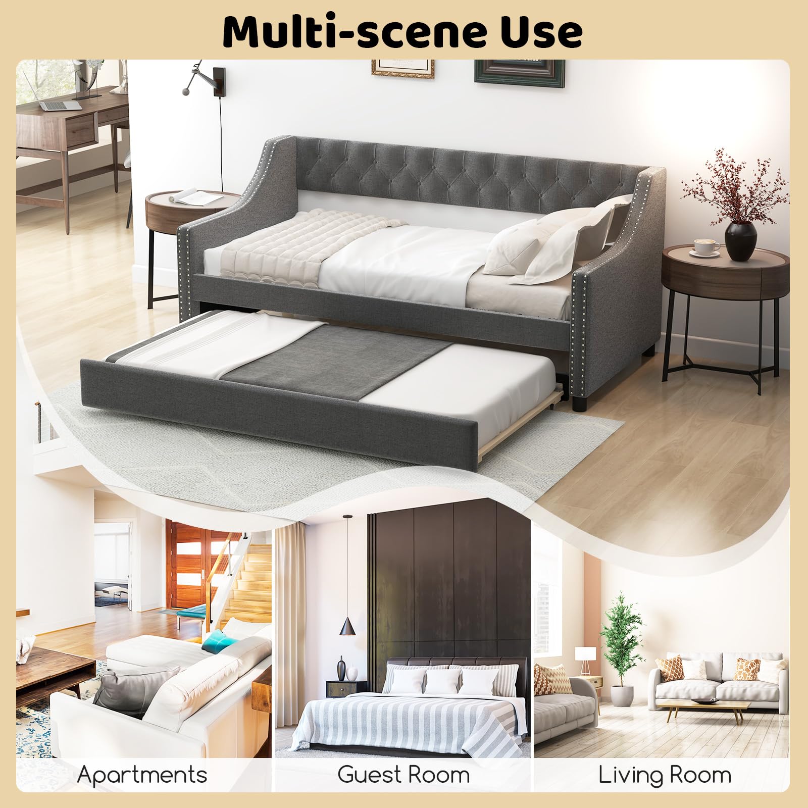 Upholstered Twin Daybed with Trundle and Button Tufted Backrest