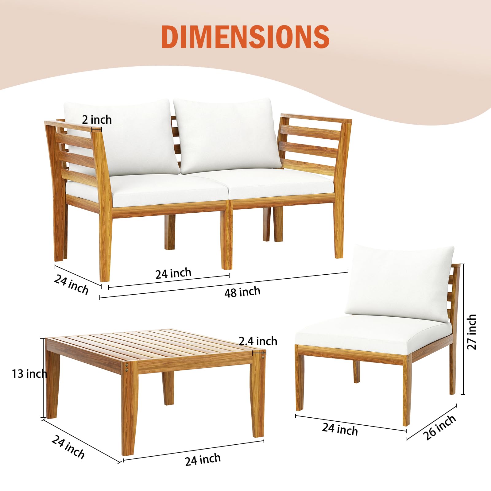 5 Piece Acacia Wood Patio Conversation Set with Waterproof Cushions