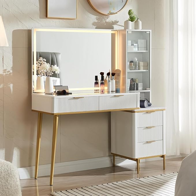 Makeup Vanity Desk with Lighted Mirror and 5 Drawers