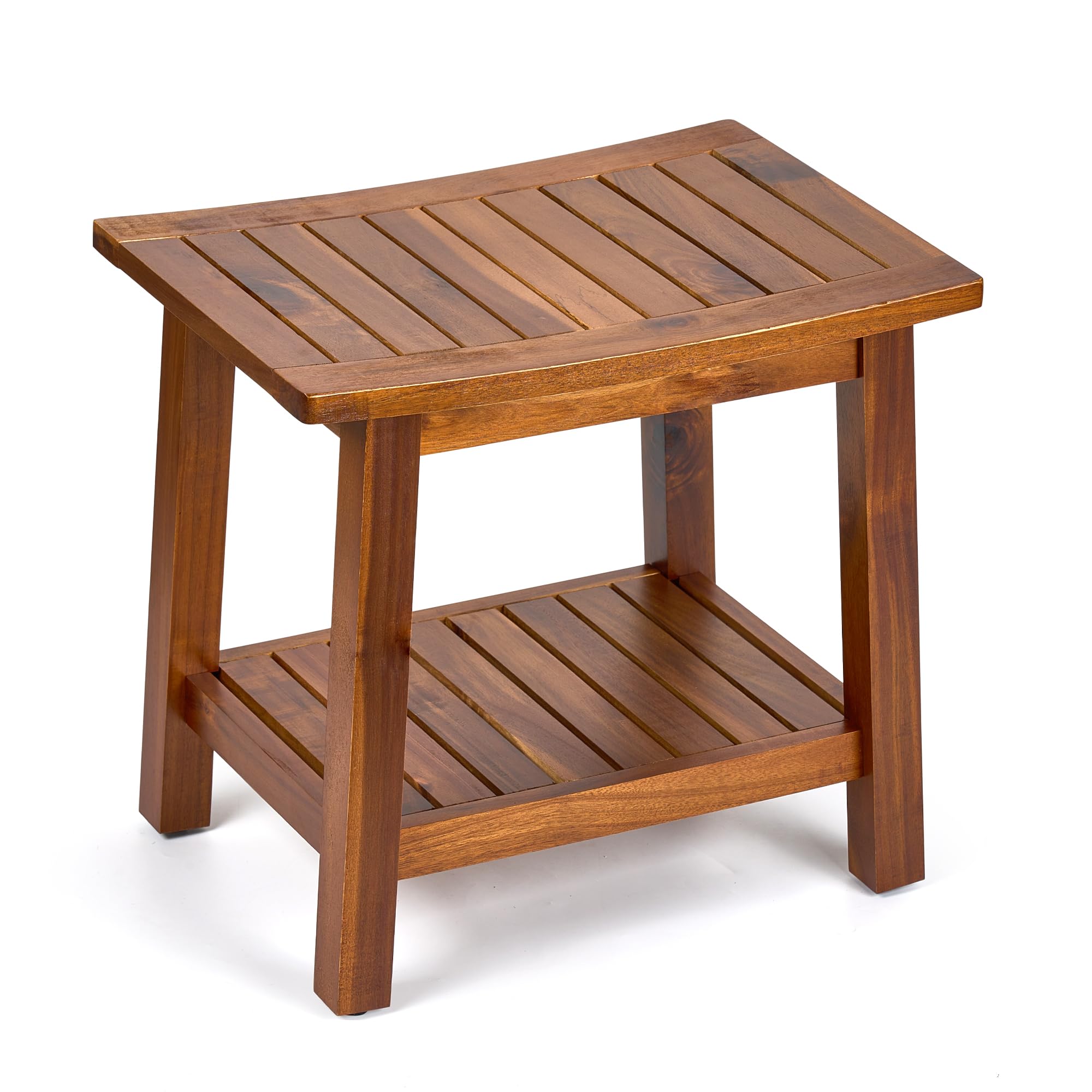 Upolana Outdoor Shower Bench, 20" Solid Acacia Wood Shower Stool Waterproof Shower Seat with Storage Shelf for Bathroom - SB001