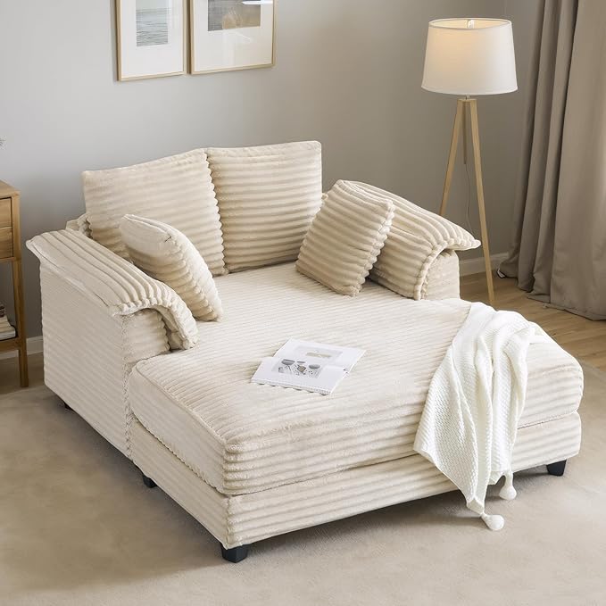 56" Oversized Chaise Lounge Chair - Beige Corduroy Sleeper Sofa