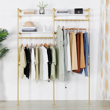 Industrial Wall-Mounted Clothing Rack with Shelves