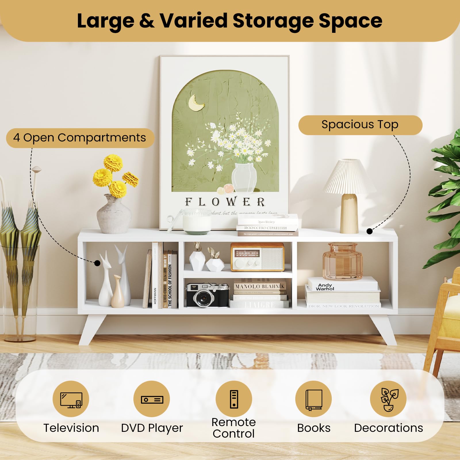 White TV Stand for TVs up to 55 Inches with 4 Open Storage Cubbies