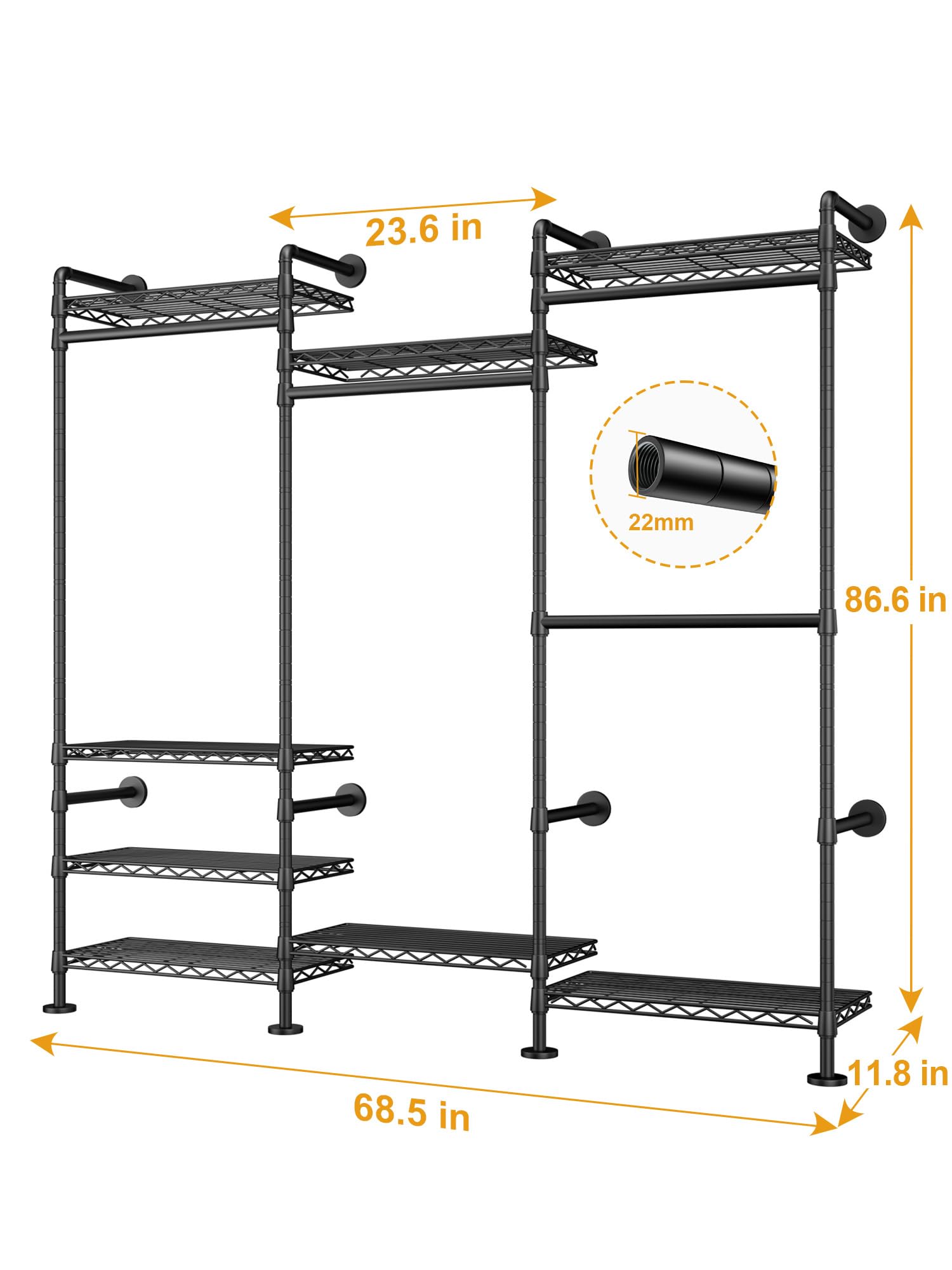 Wall Mounted Clothes Rack with 8 Shelves and 4 Hanger Rods