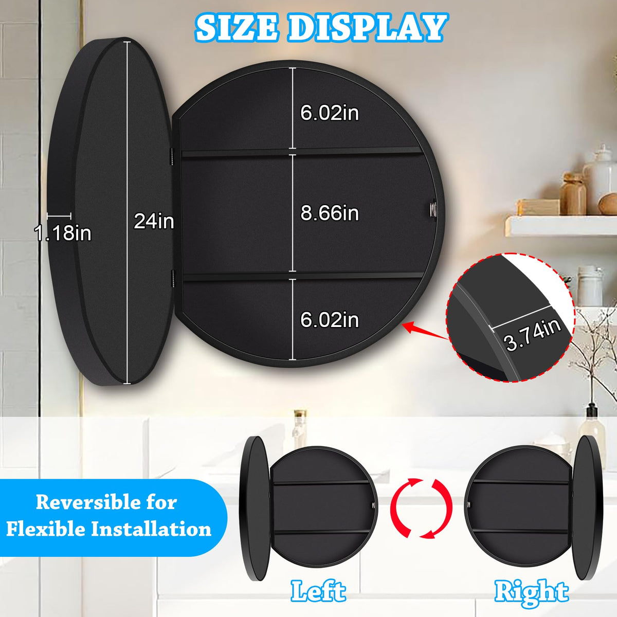24 Inch Round Medicine Cabinet with Mirror - Black Metal Frame