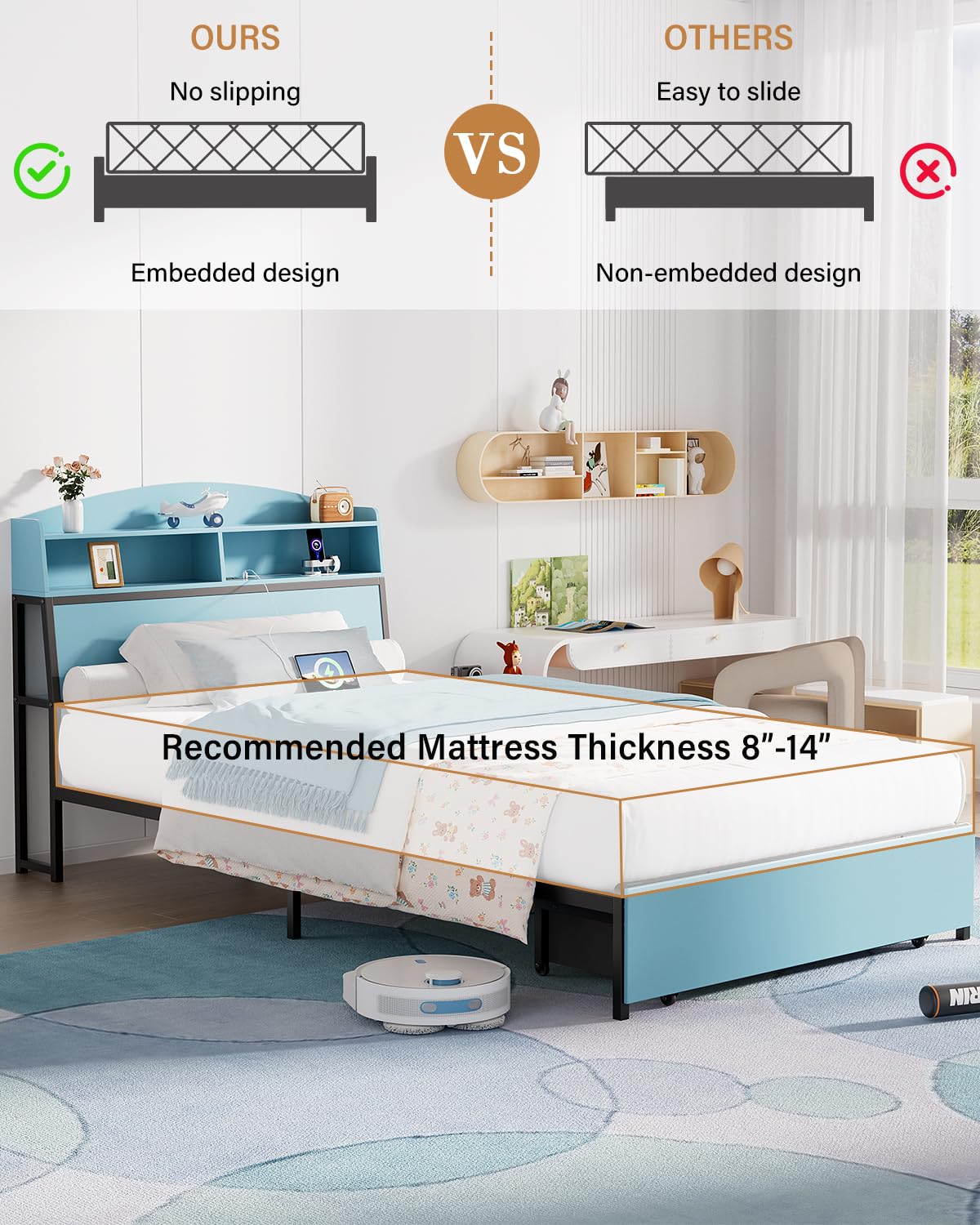 Twin Bed Frame with Storage and Charging Station