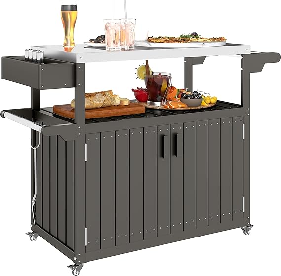 Outdoor Bar Cart with Storage Cabinet and Stainless Steel Top