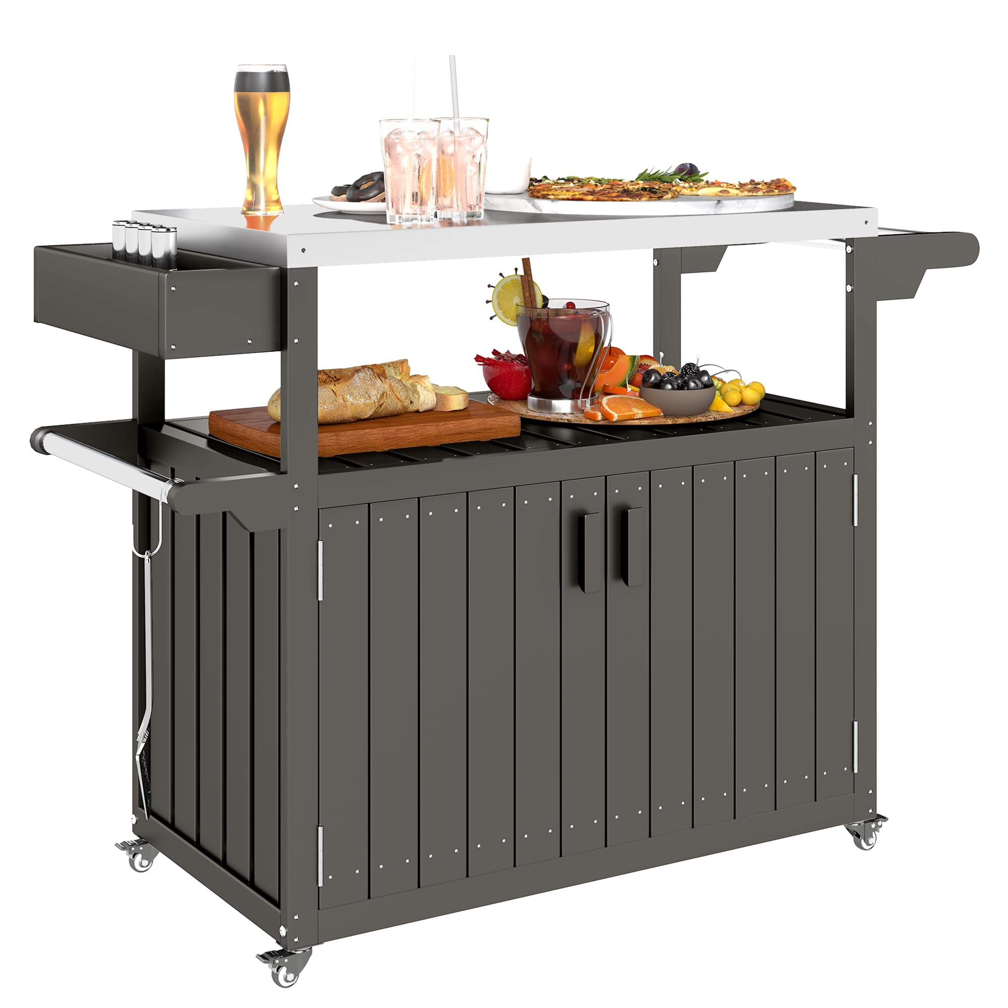 Outdoor Bar Cart with Storage Cabinet and Stainless Steel Top