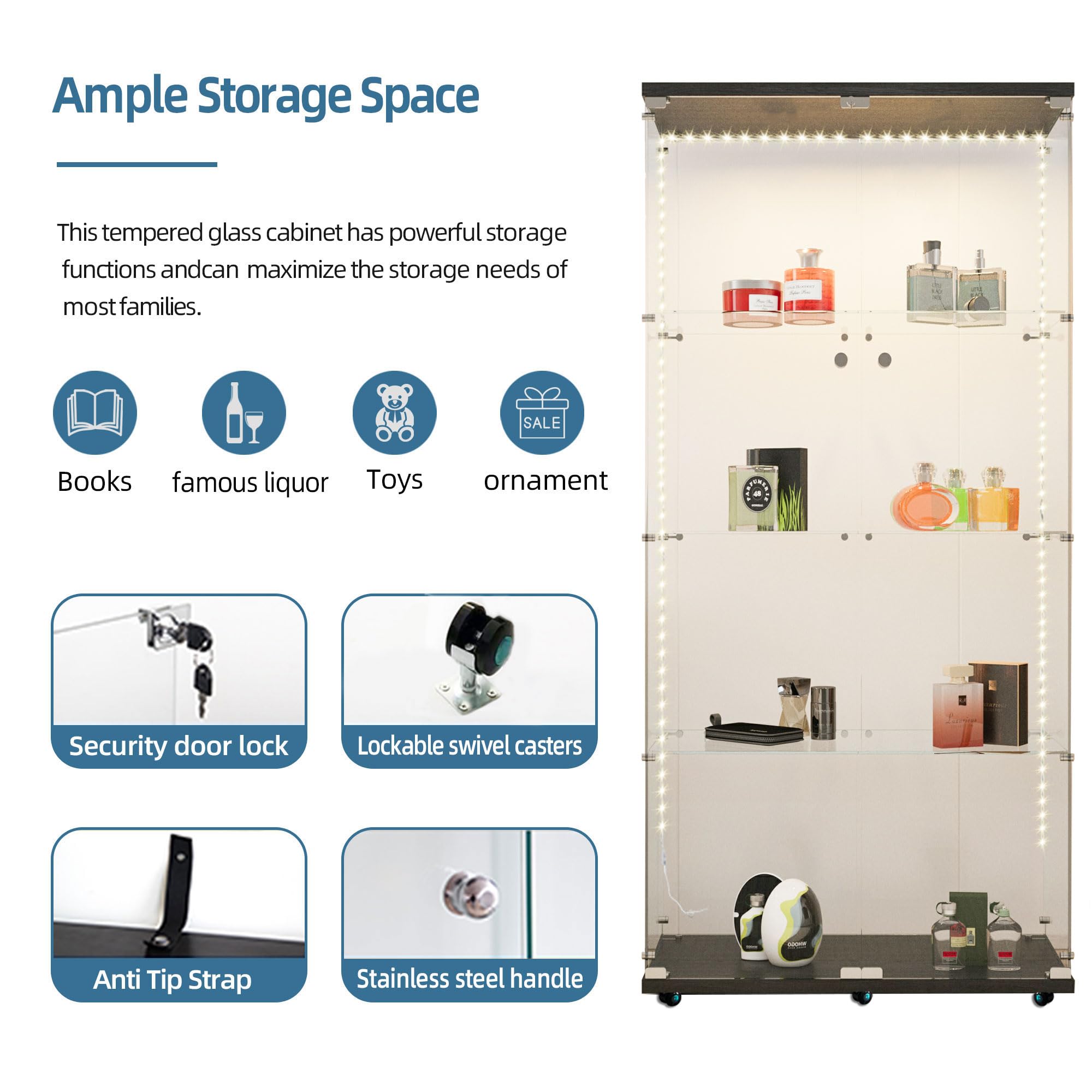 65" Tempered Glass Display Cabinet with LED Lights