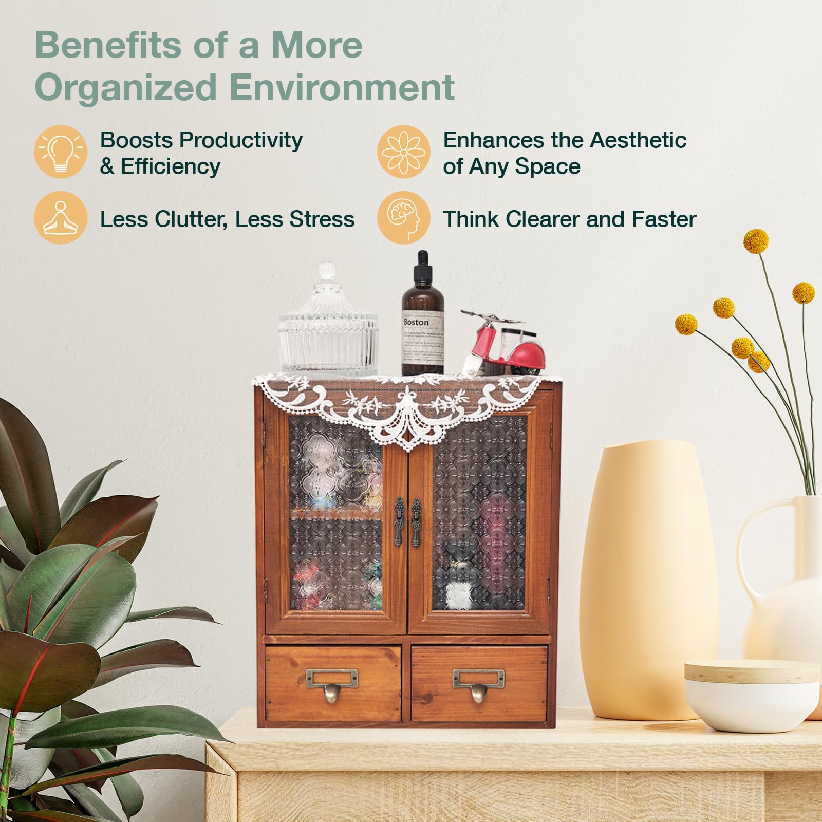 Floral Glass Storage Cabinet with 2 Drawers
