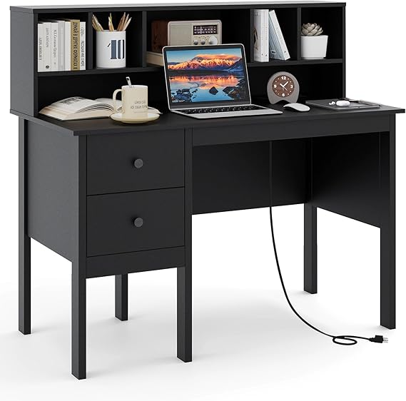 Black Desk with Drawers and Hutch