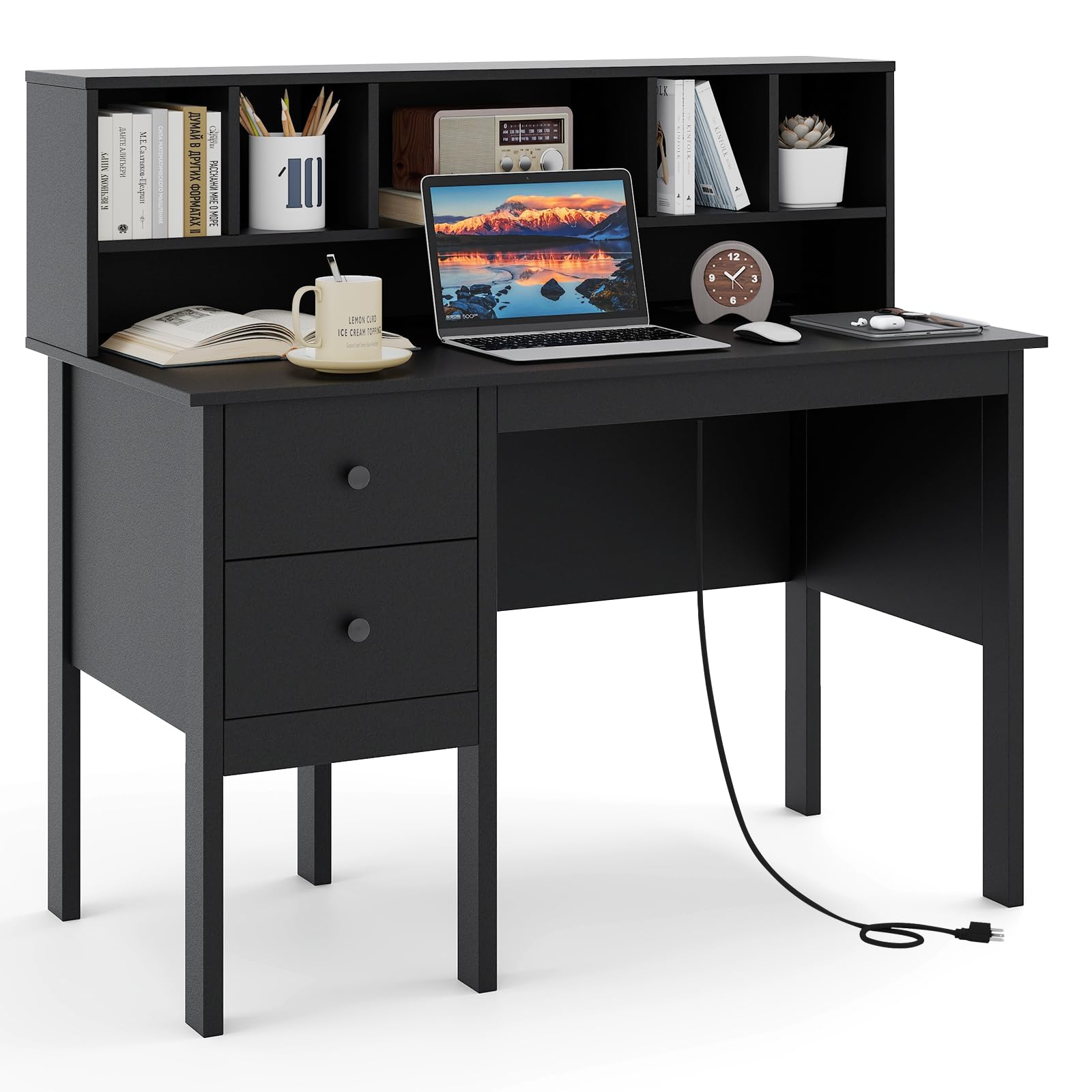 Black Desk with Drawers and Hutch
