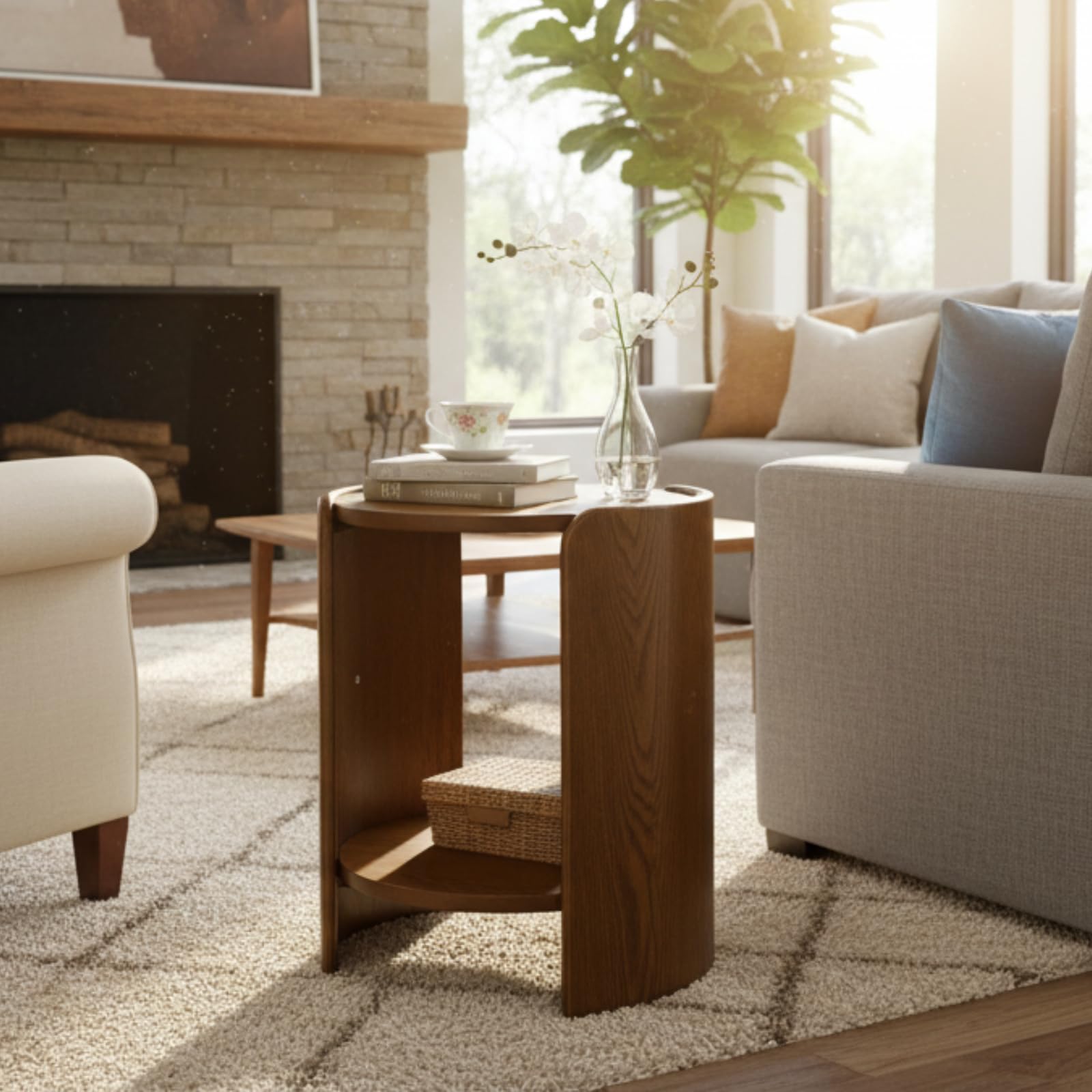 DUOMAY Wood Side Table, 15.5" Wide Round End Table with Storage Shelf Mid Century Modern Bedside Table for Living Room Apartment, Walnut Color