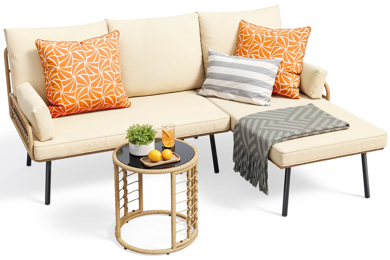 3-Piece Outdoor Patio Furniture Set with L-Shaped Sofa and Glass Table