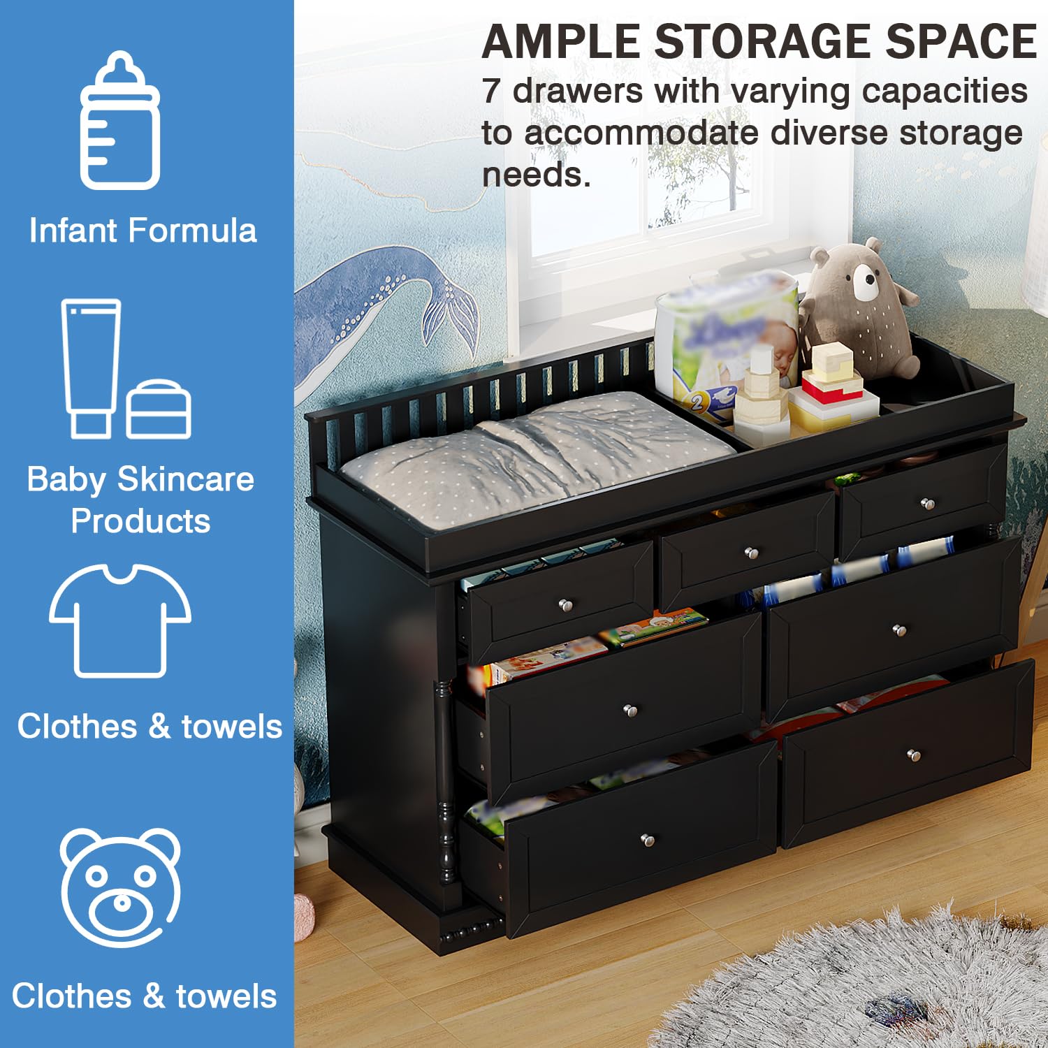 Baby Dresser with Changing Table Top - 7 Drawer Nursery Station