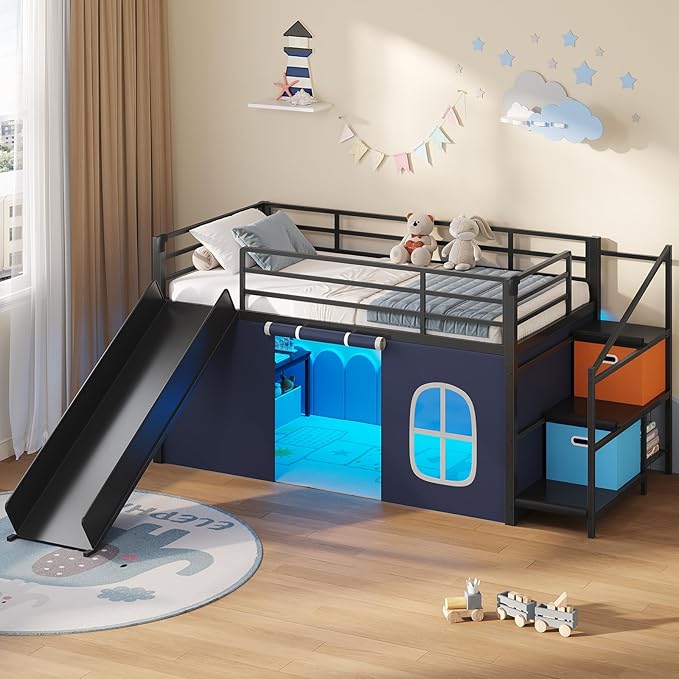 Twin Low Loft Bed with Slide and Storage