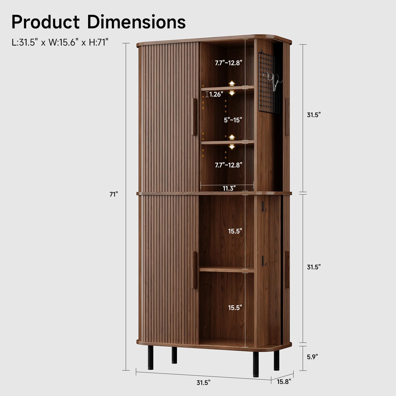 71" Fluted Pantry Cabinet with Adjustable Shelves and Pegboards