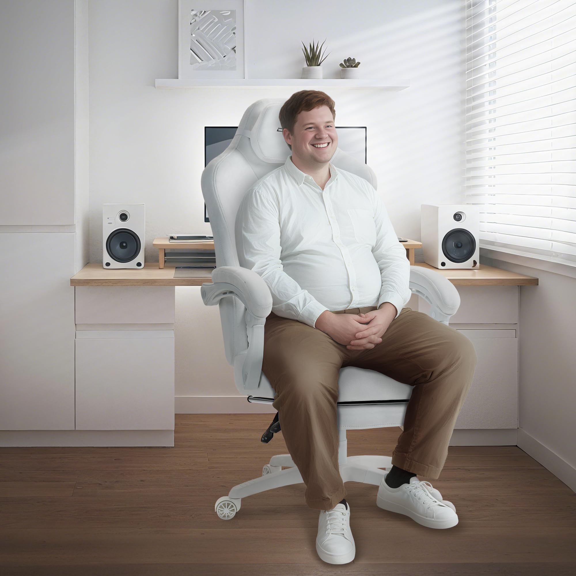 Dowinx Big and Tall Gaming Chair, Suede Fabric Game Chair with Pocket Spring Cushion, High Back Gamer Chair Ergonomic with Footrest for Adults Office, 440LBS, White