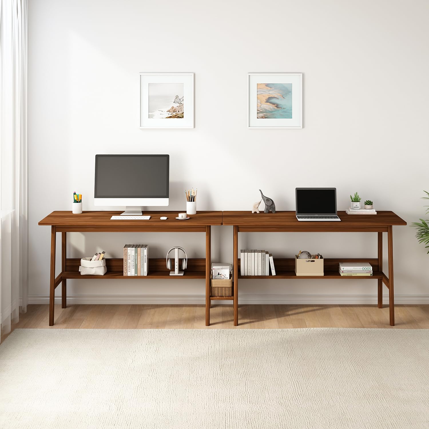 2-Person Writing Desk with Bookshelf - 110" Extra Long Double Workstation