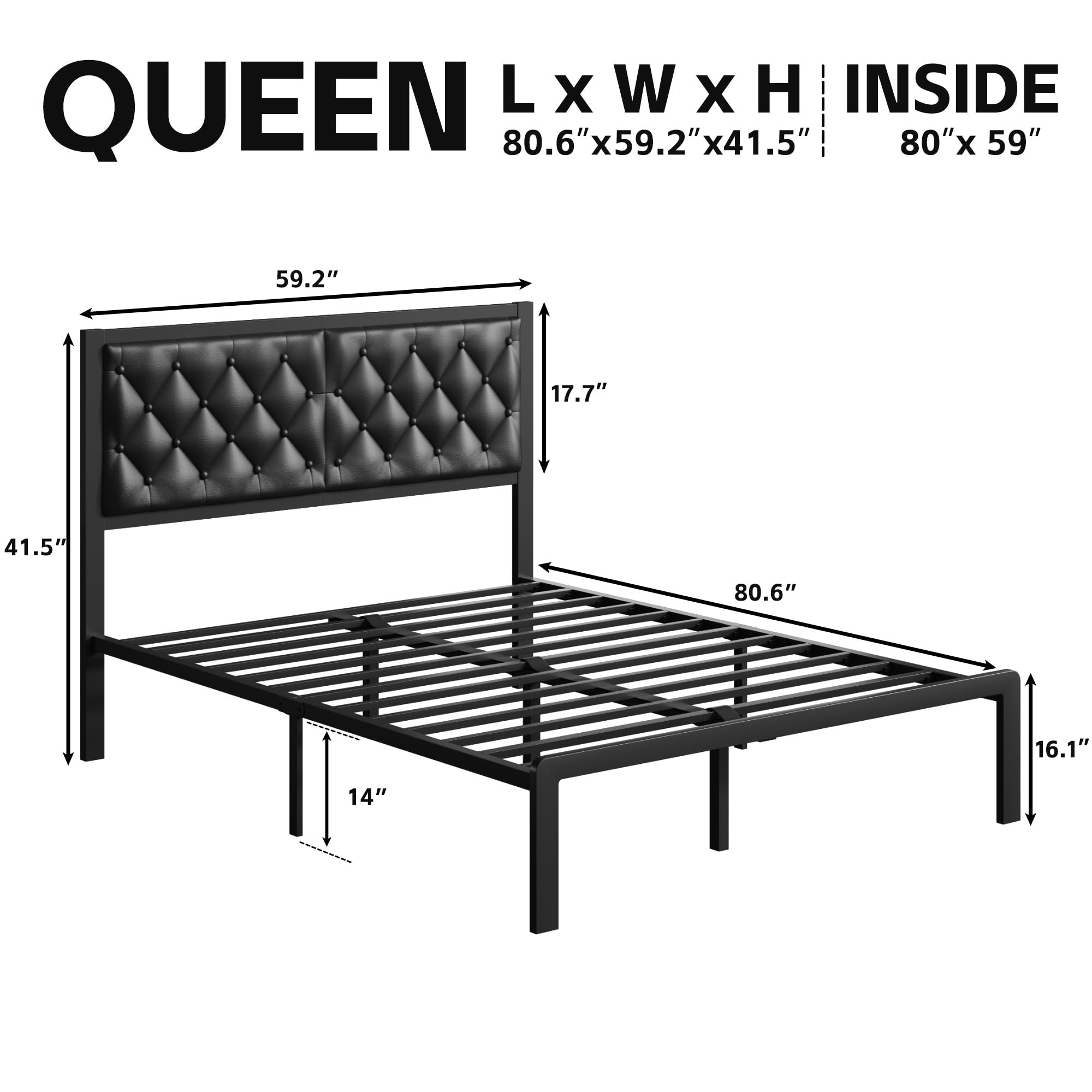 Queen Bed Frame with PU Leather Upholstered Headboard