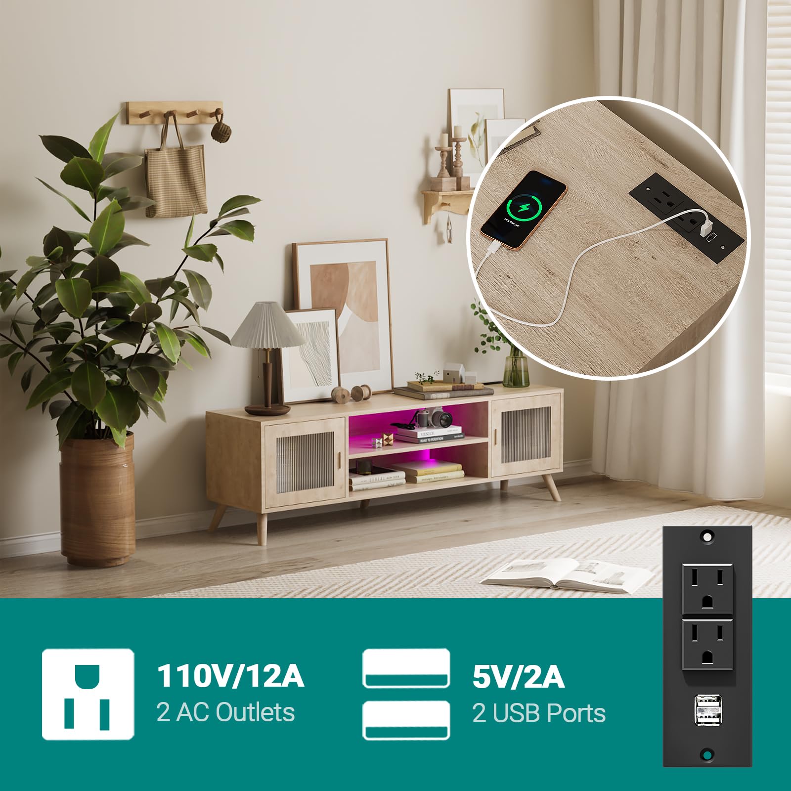 LED TV Stand with Charging Station and Glass Doors