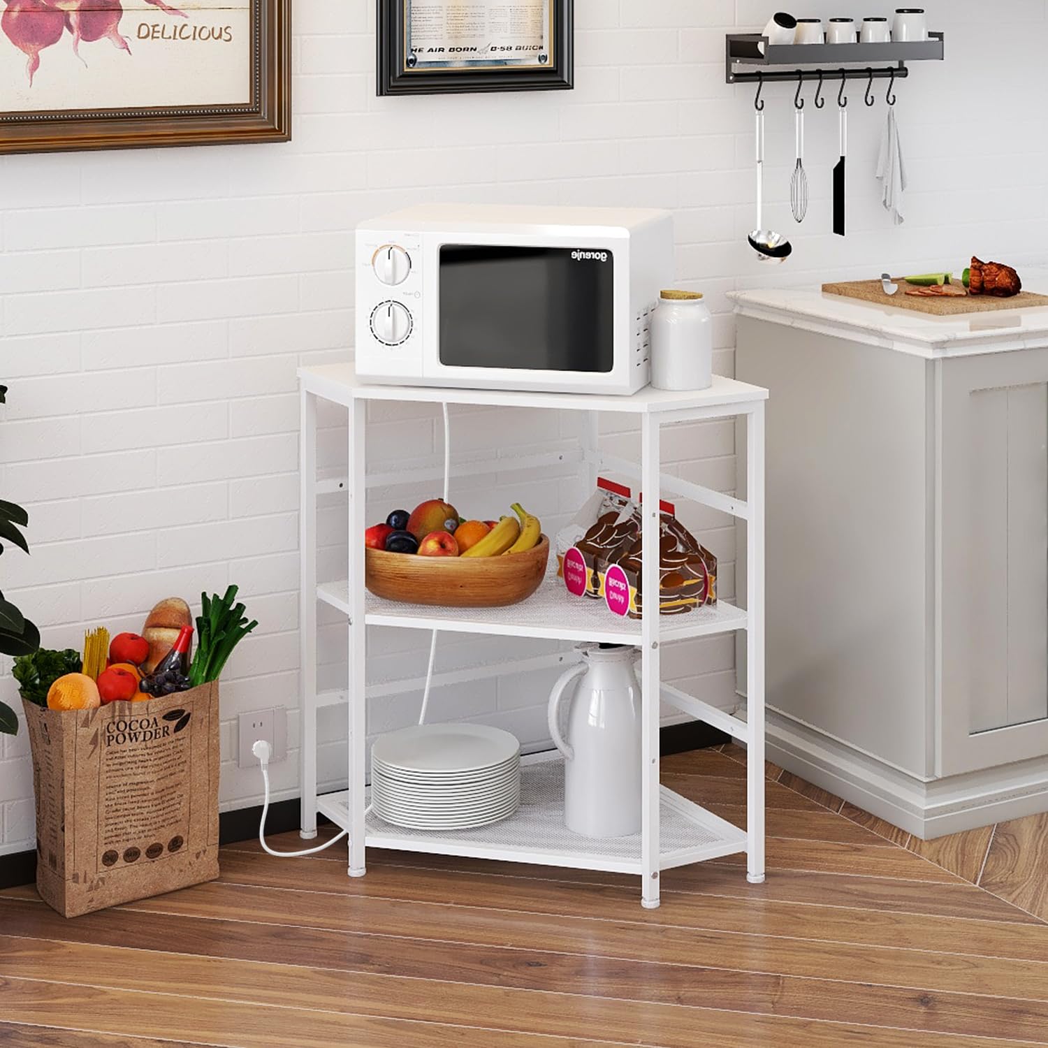 Corner Printer Stand with Power Outlet and Adjustable Storage Shelf