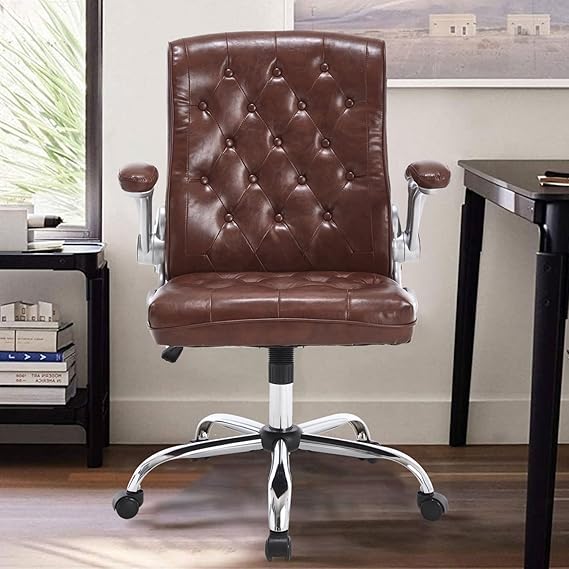 Mid-Back Leather Executive Office Chair with Flip-Up Arms