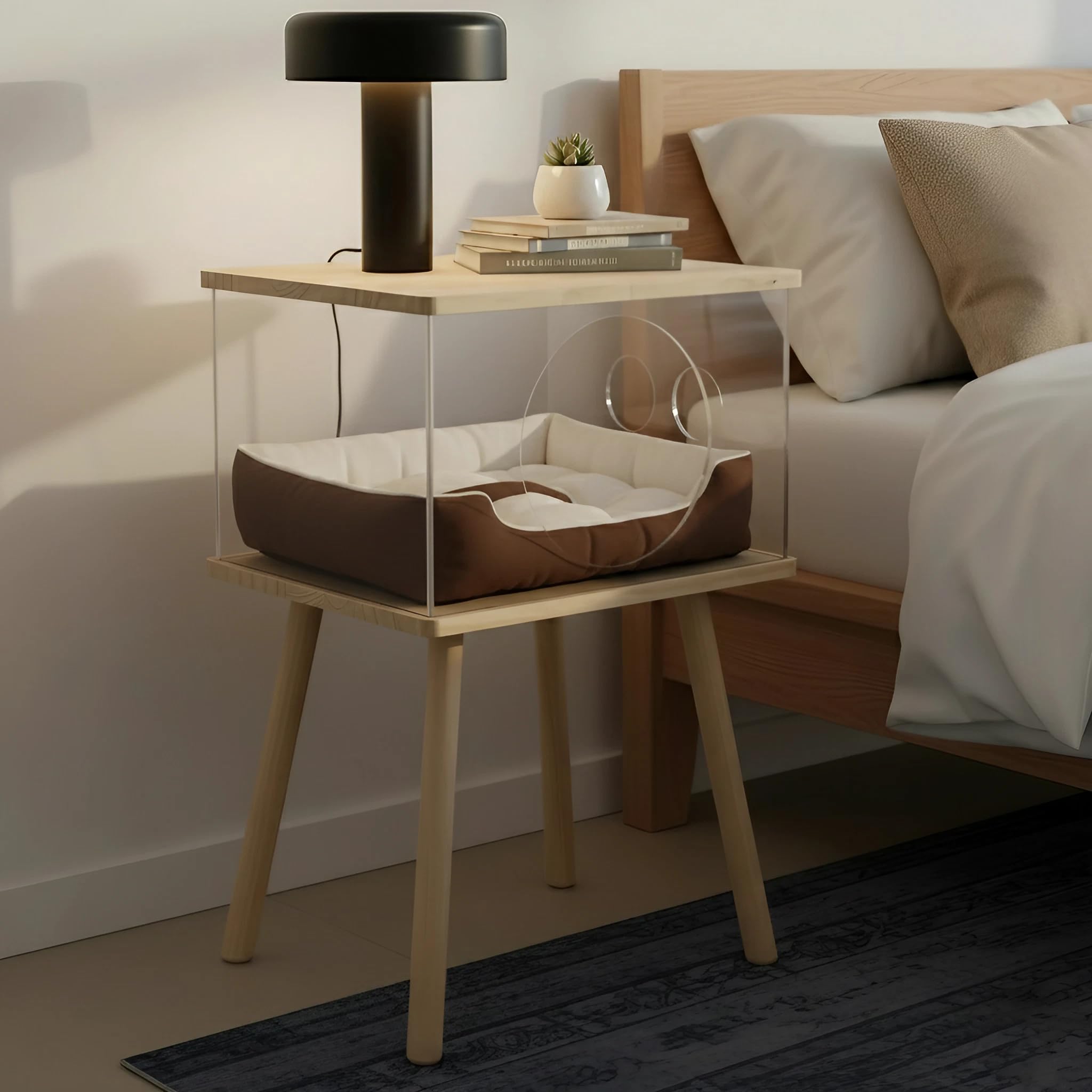 Cat Bedside Table with Acrylic Guardrail