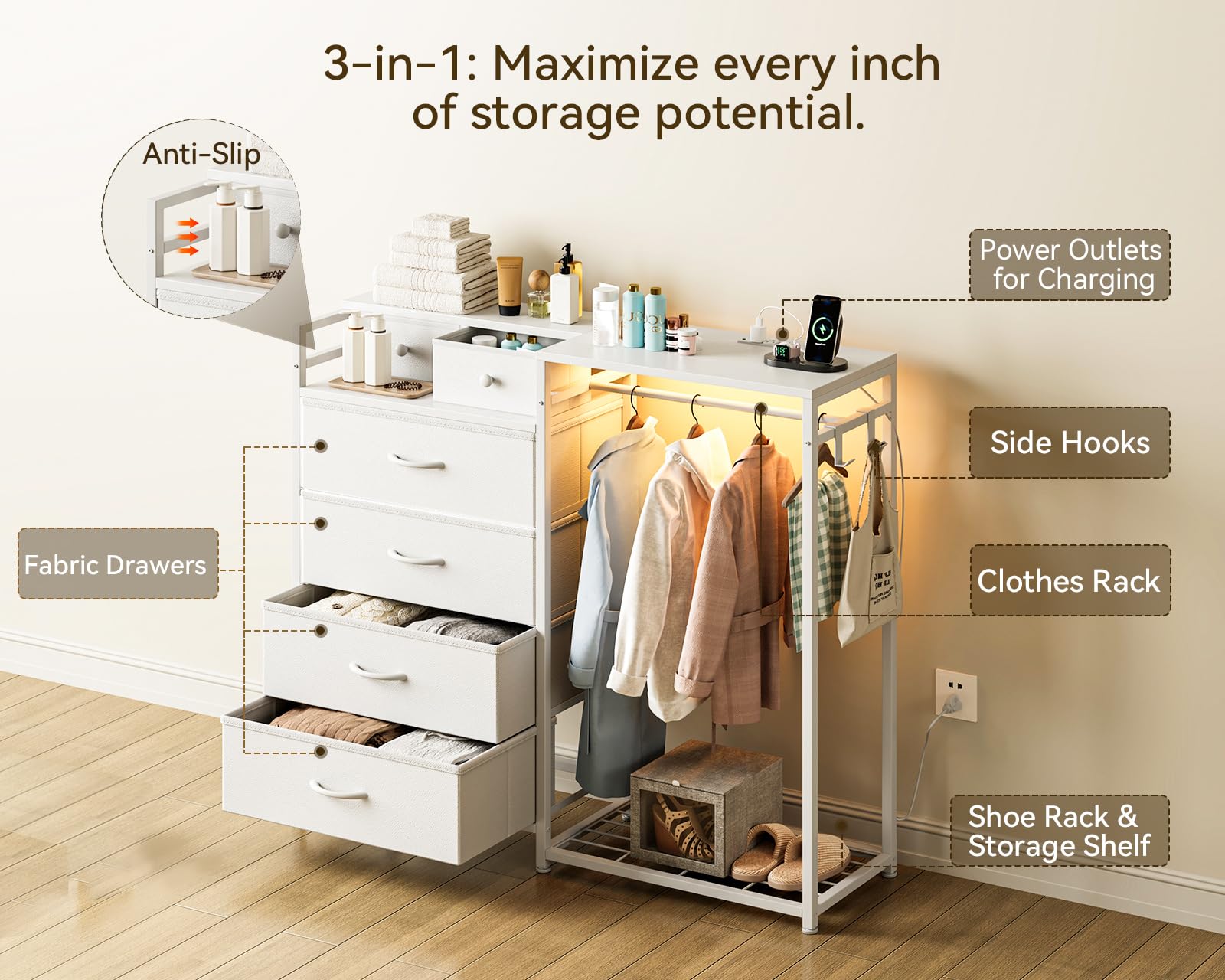 White Dresser with LED Lights and Charging Station