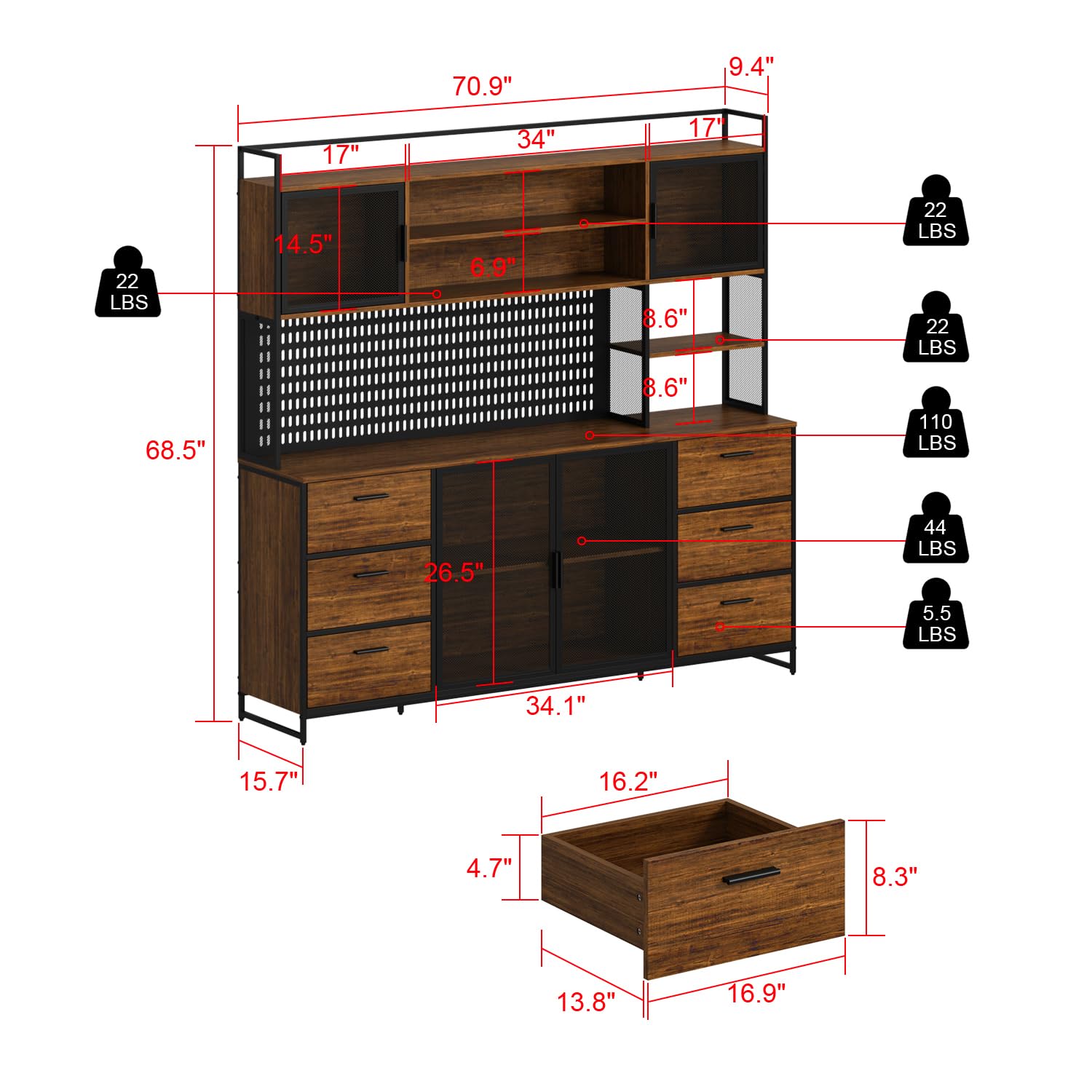 Kitchen Hutch Pantry Cabinet with 6 Drawers