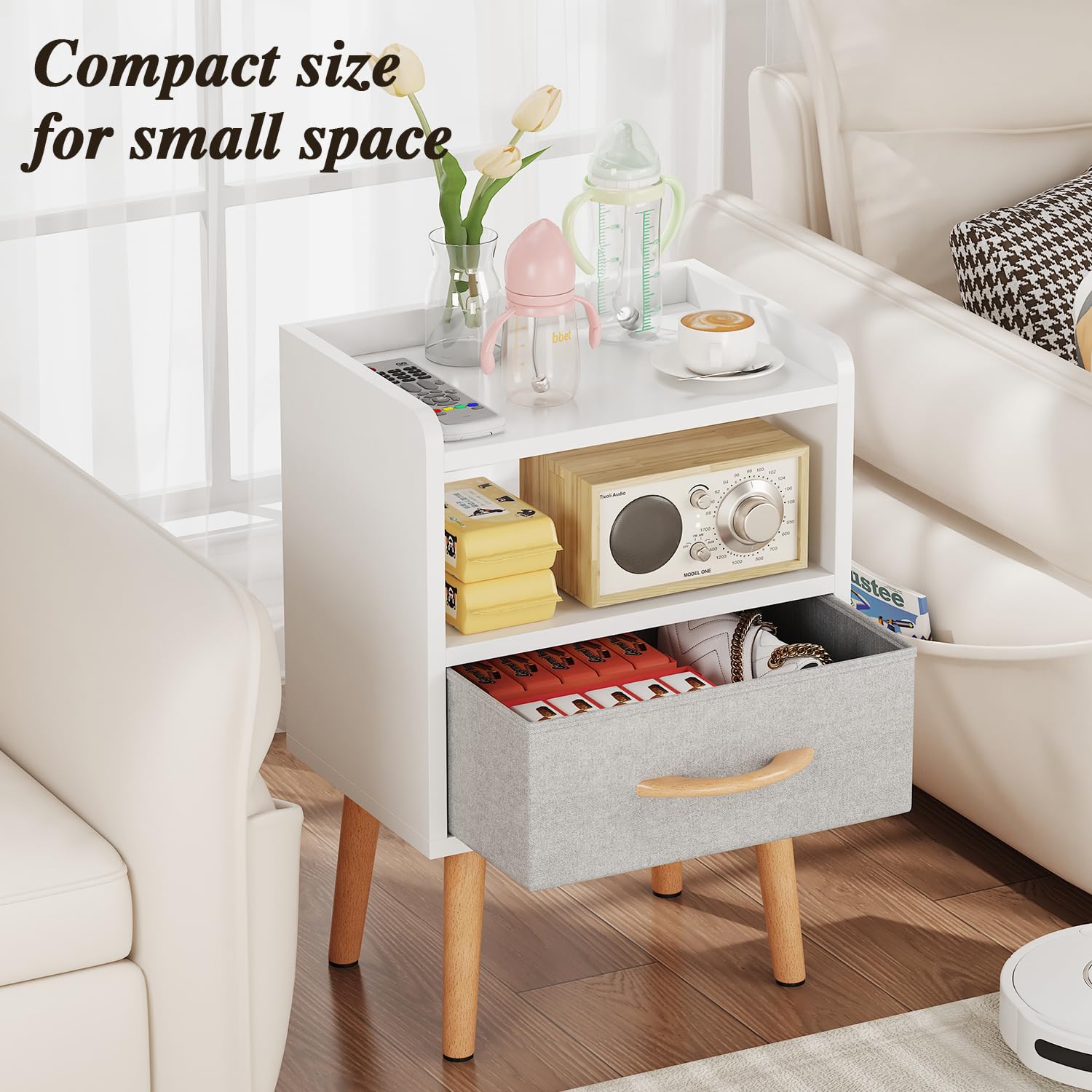 White Mid Century Modern Nightstand with Drawer