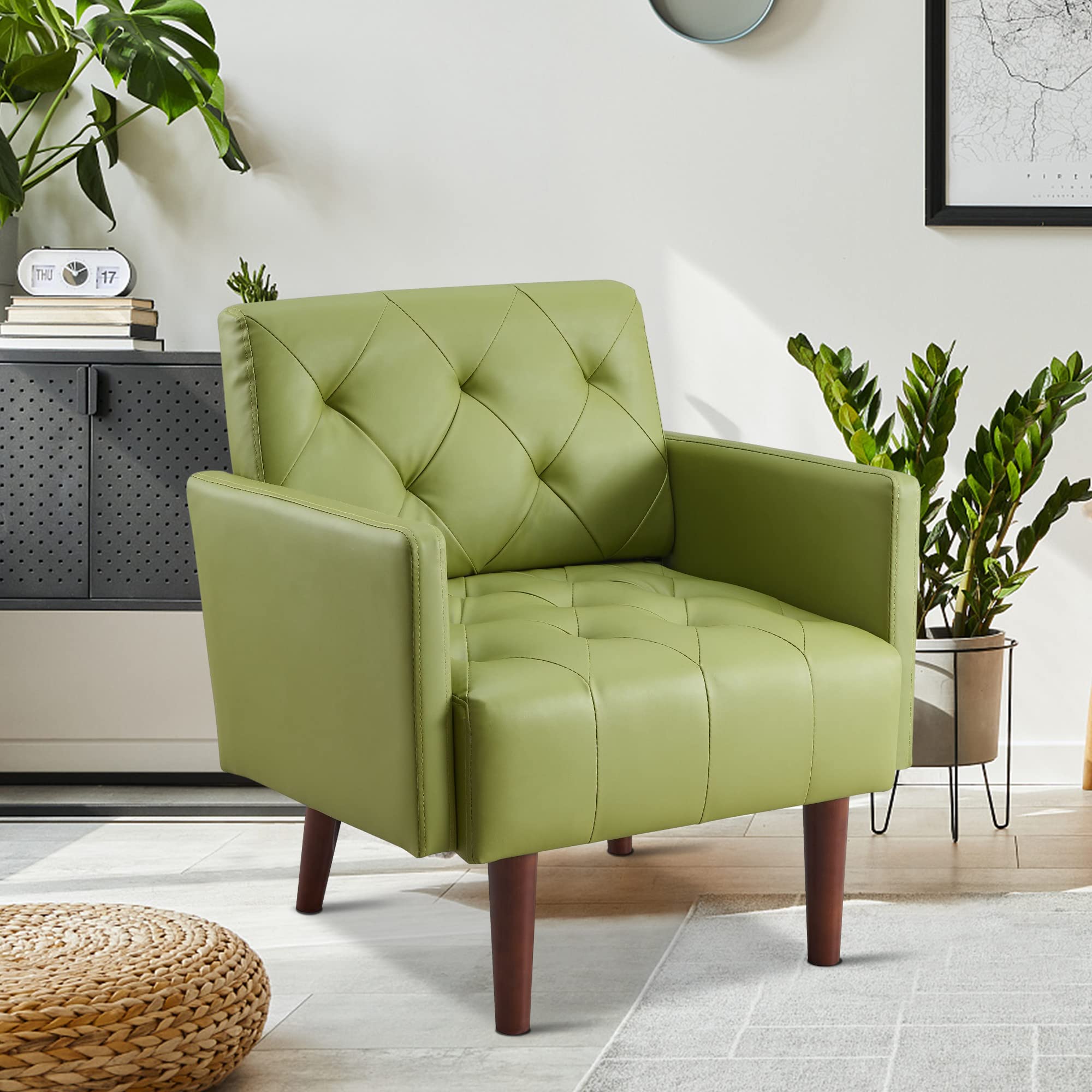 Green Faux Leather Accent Chair with Diamond Tufted Back