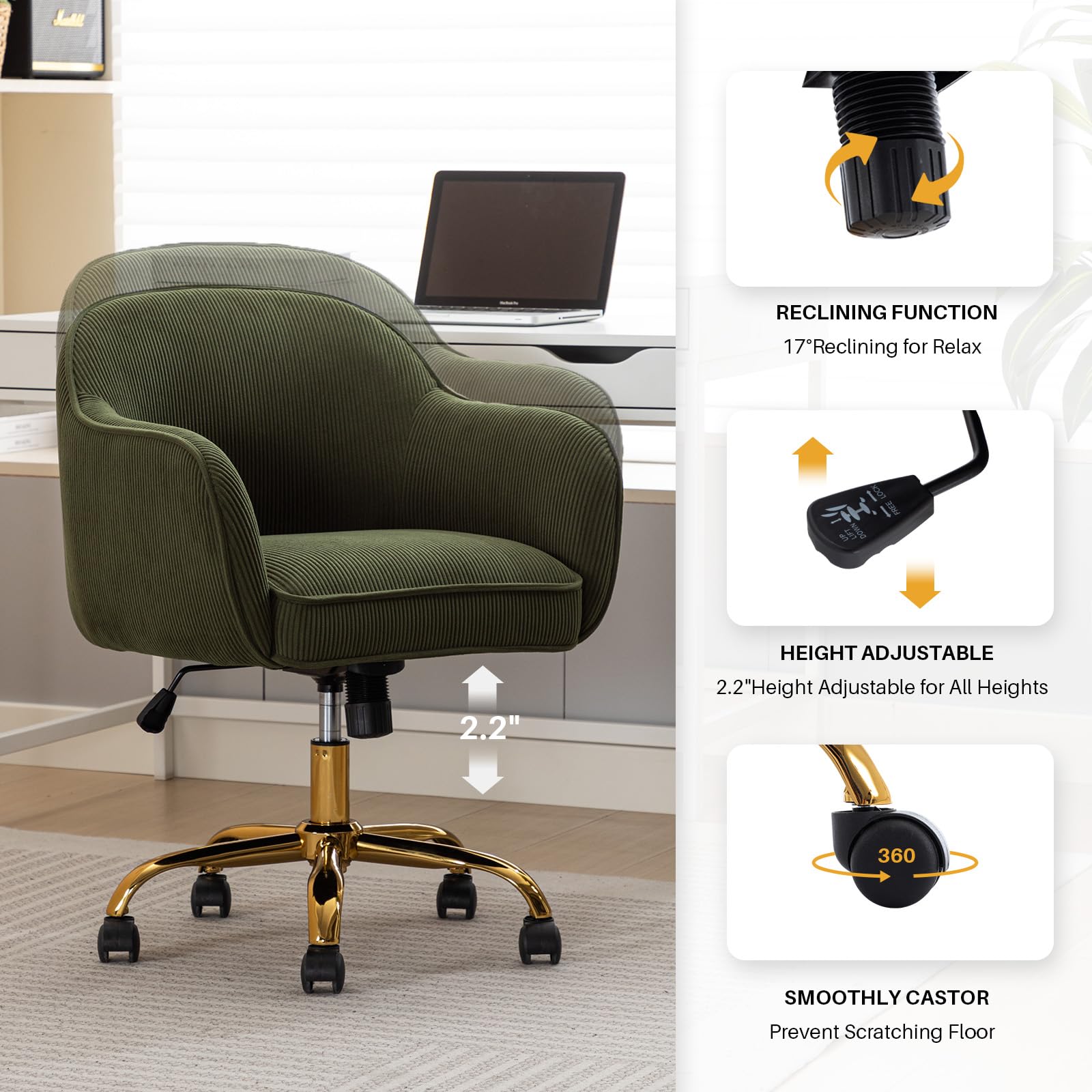 Velvet Upholstered Office Chair with Gold Wheels - Ergonomic Swivel Desk Chair