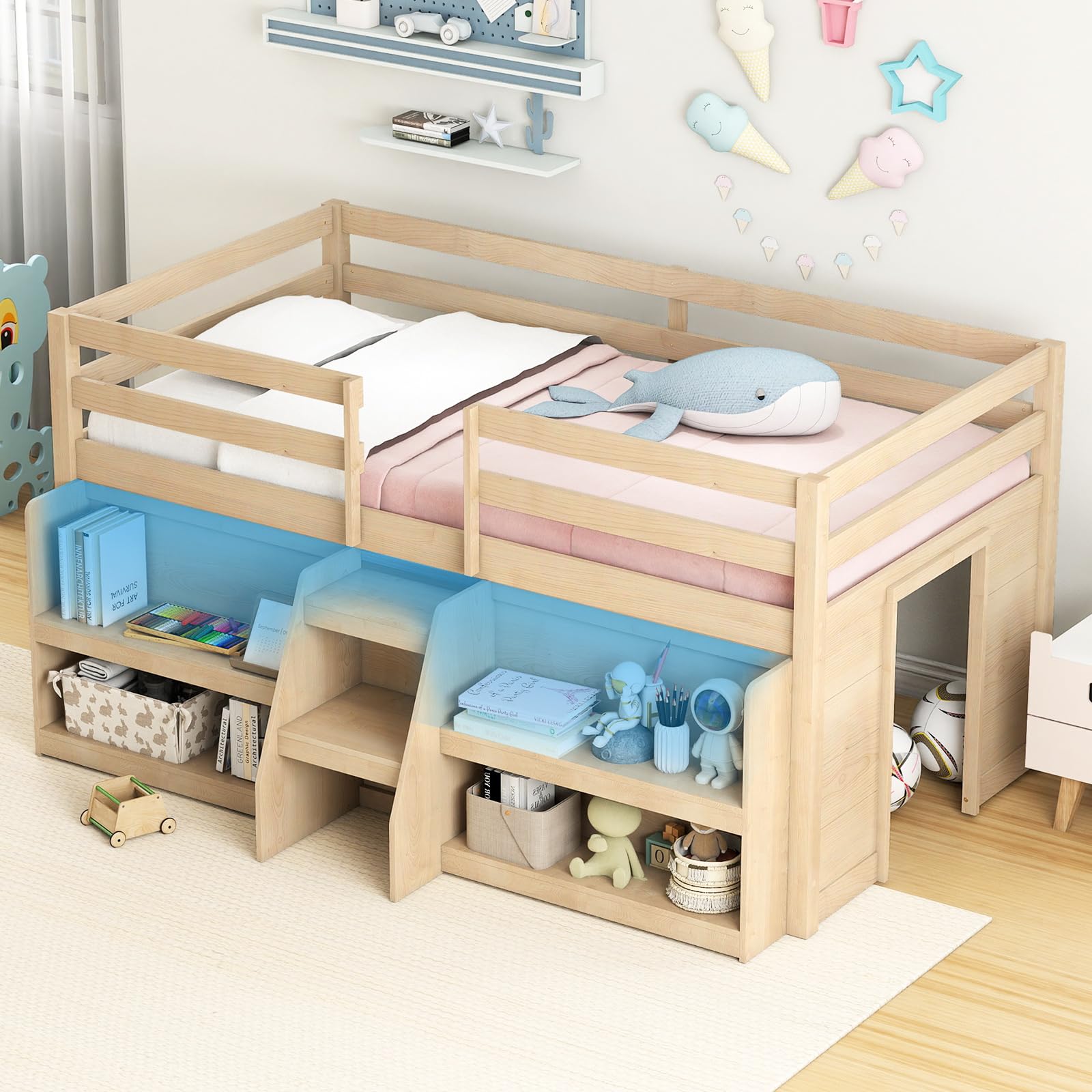 Low Loft Bed with LED Light and Bookcases
