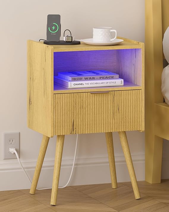 Pink Nightstand with Charging Station and LED Lights