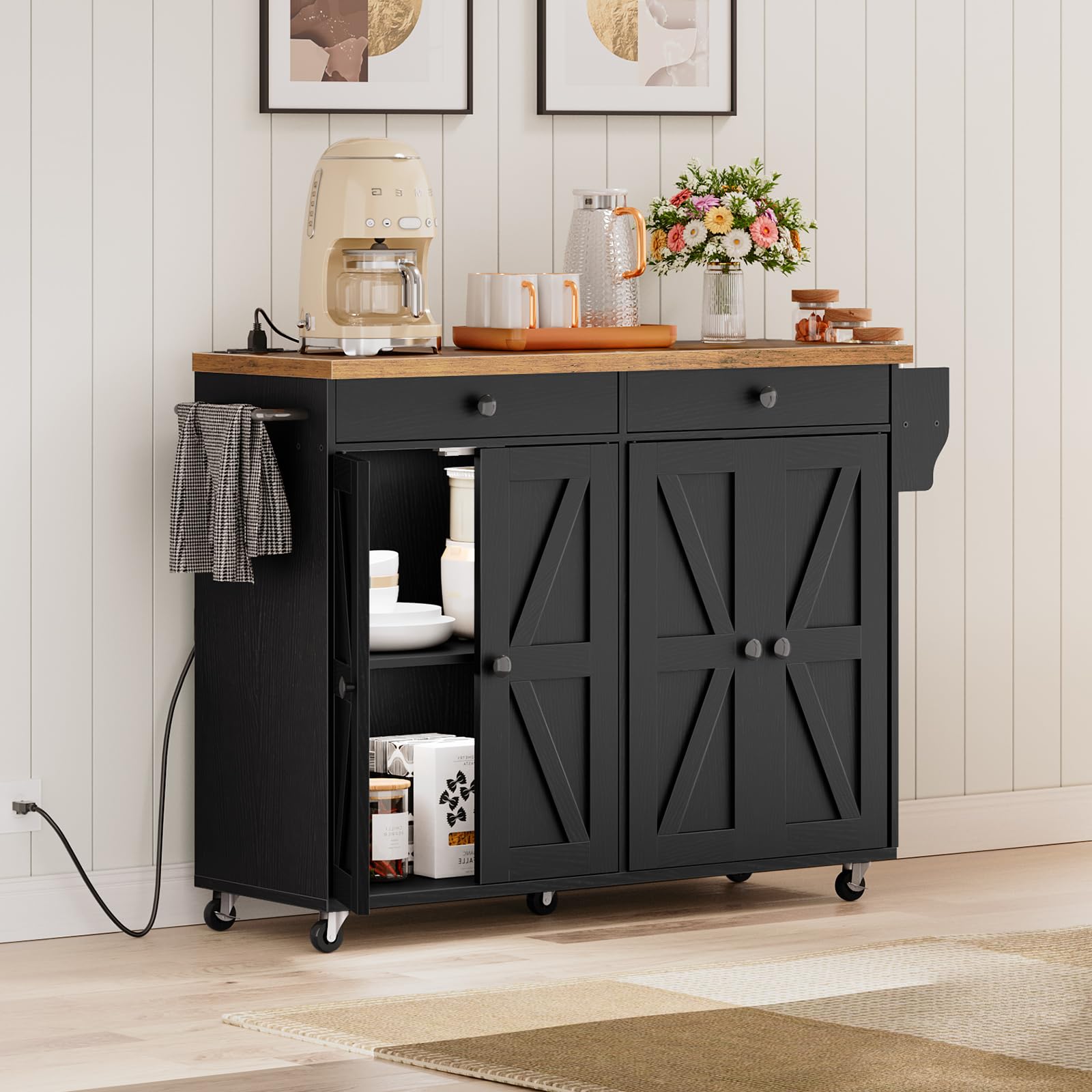 43.3" Rolling Kitchen Island with Power Outlet and Storage