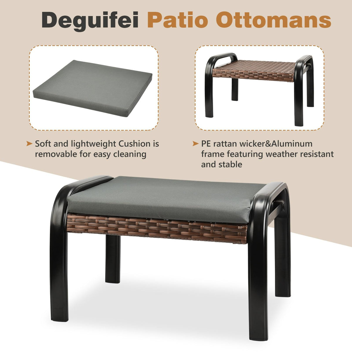 Outdoor Rattan Footstool Ottoman with Cushion