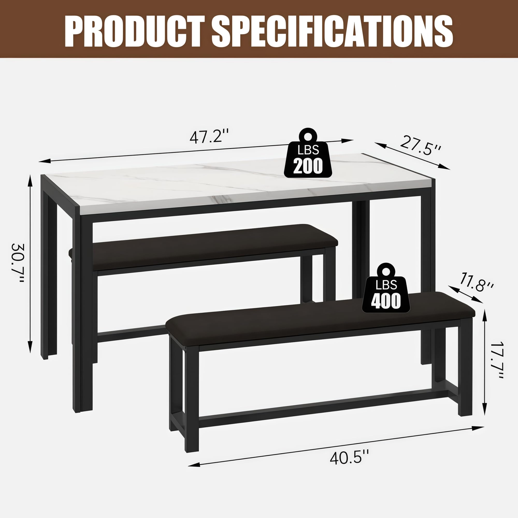 DKLGG Dining Table Set for 4, Kitchen Table with 2 PU Leather Upholstered Bench, Faux Marble Dining Room Table with Bench for Small Space