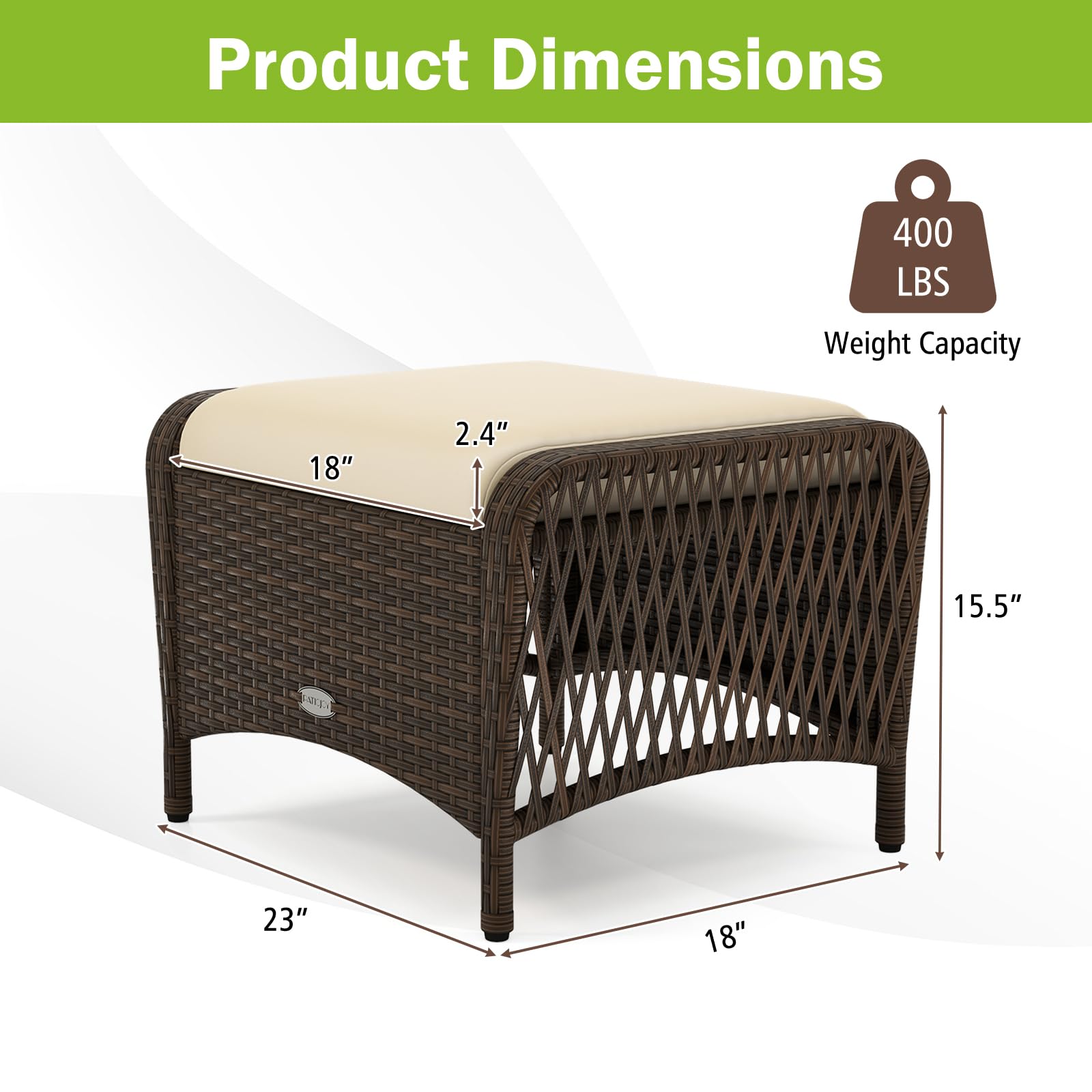 2-Piece Wicker Outdoor Ottoman Set with Removable Cushions