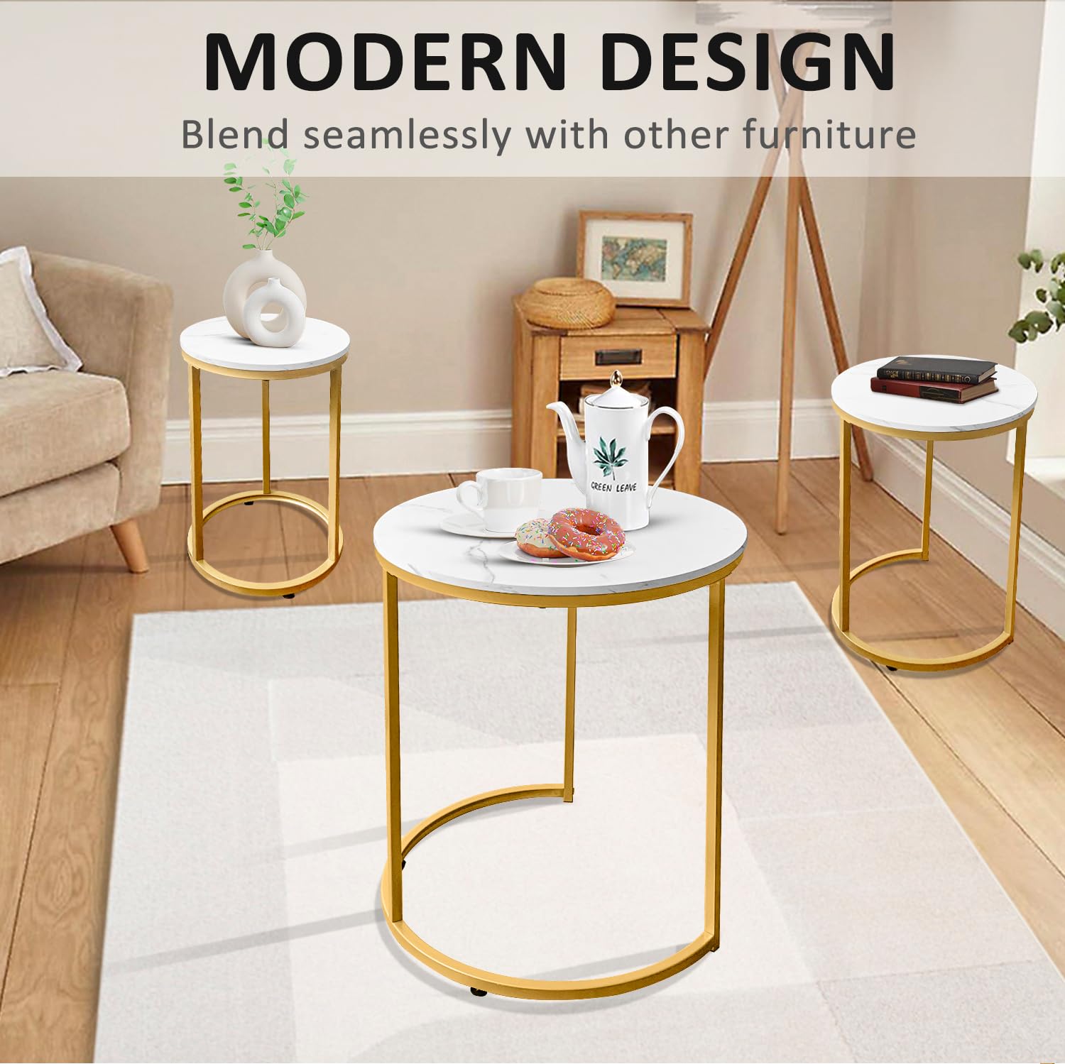 Nesting Tables Set of 3 Round Coffee Side Tables Gold