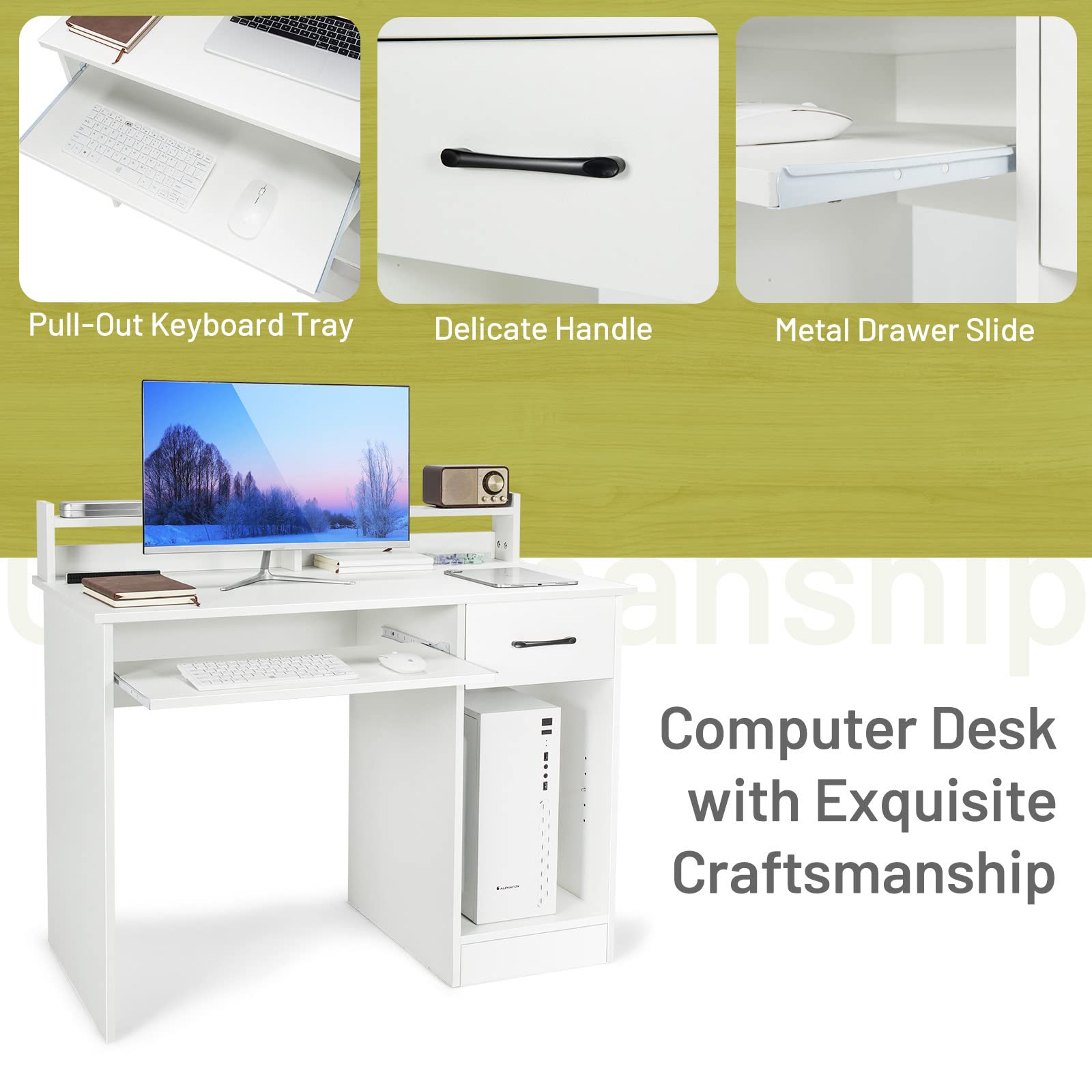 White Desk with Drawer and Keyboard Tray