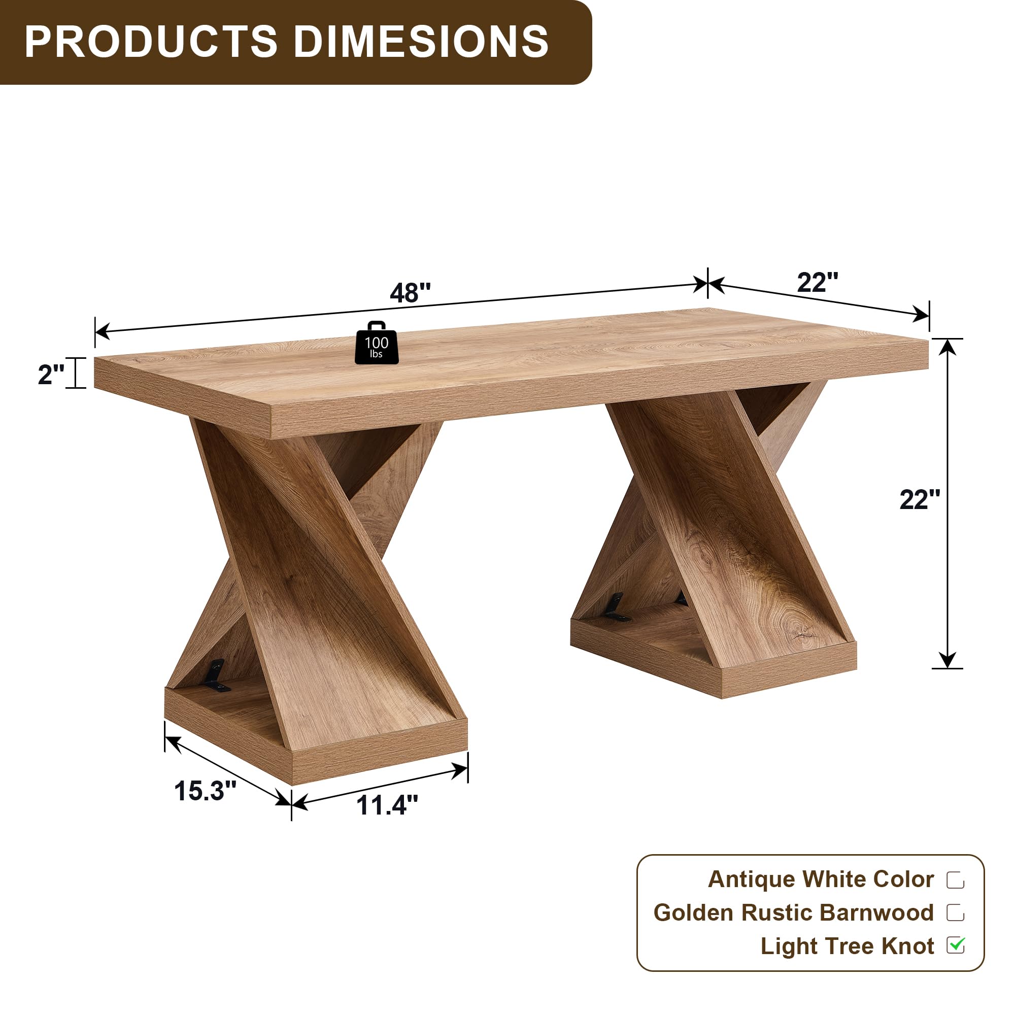 OKD Modern Coffee Table, 48" Twisted Center Table with Wood Thickened Pedestal, Rectangular Rustic Living Room Table, Farmhouse Storage Low Cocktail Tea Table, Light Tree Knot
