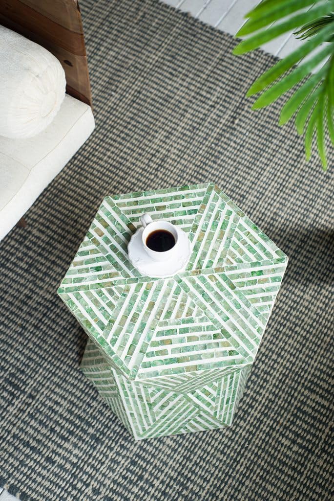 Green Geometric Accent Stool with Capiz Inlays