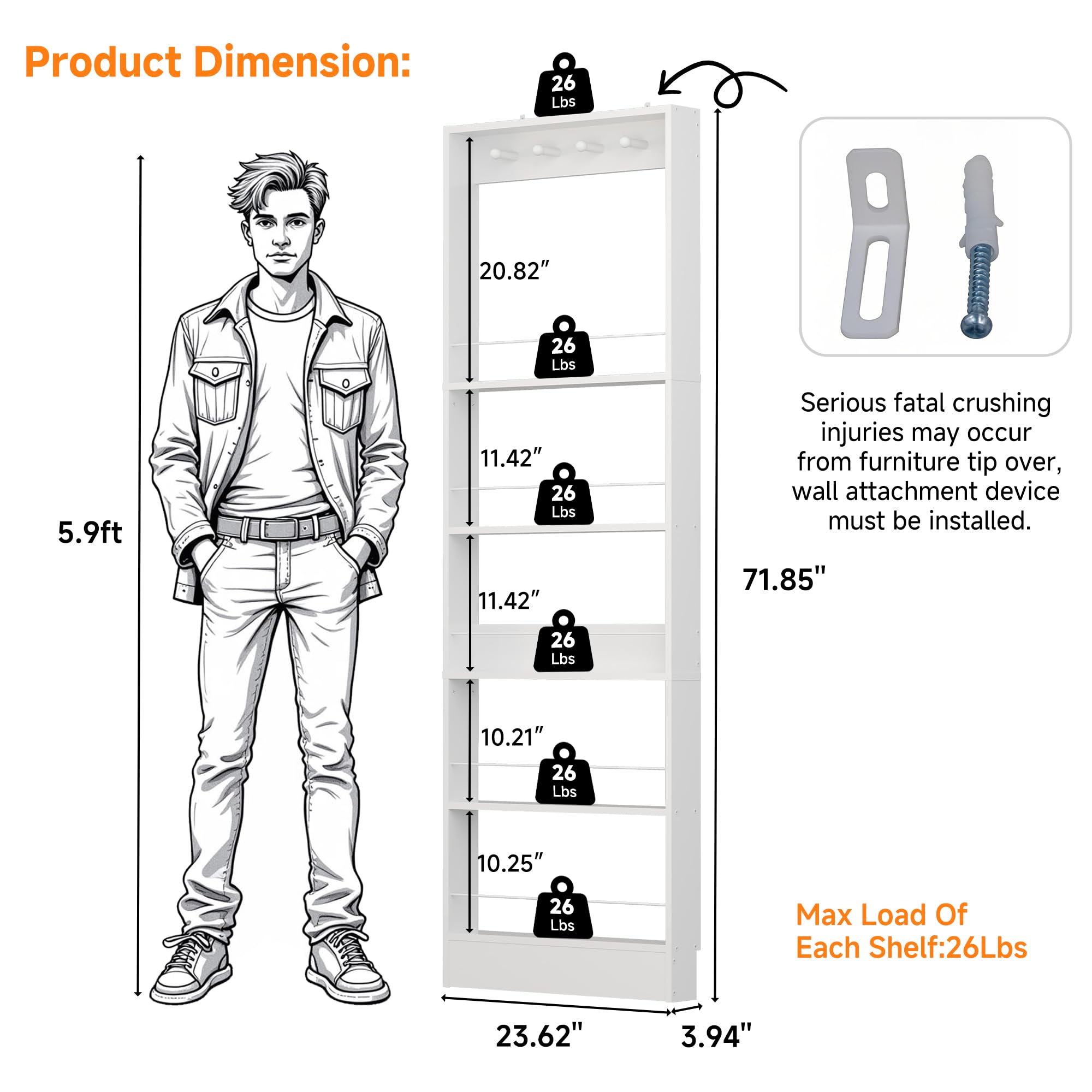 Wall-Mounted 5-Tier Bookshelf with Hooks