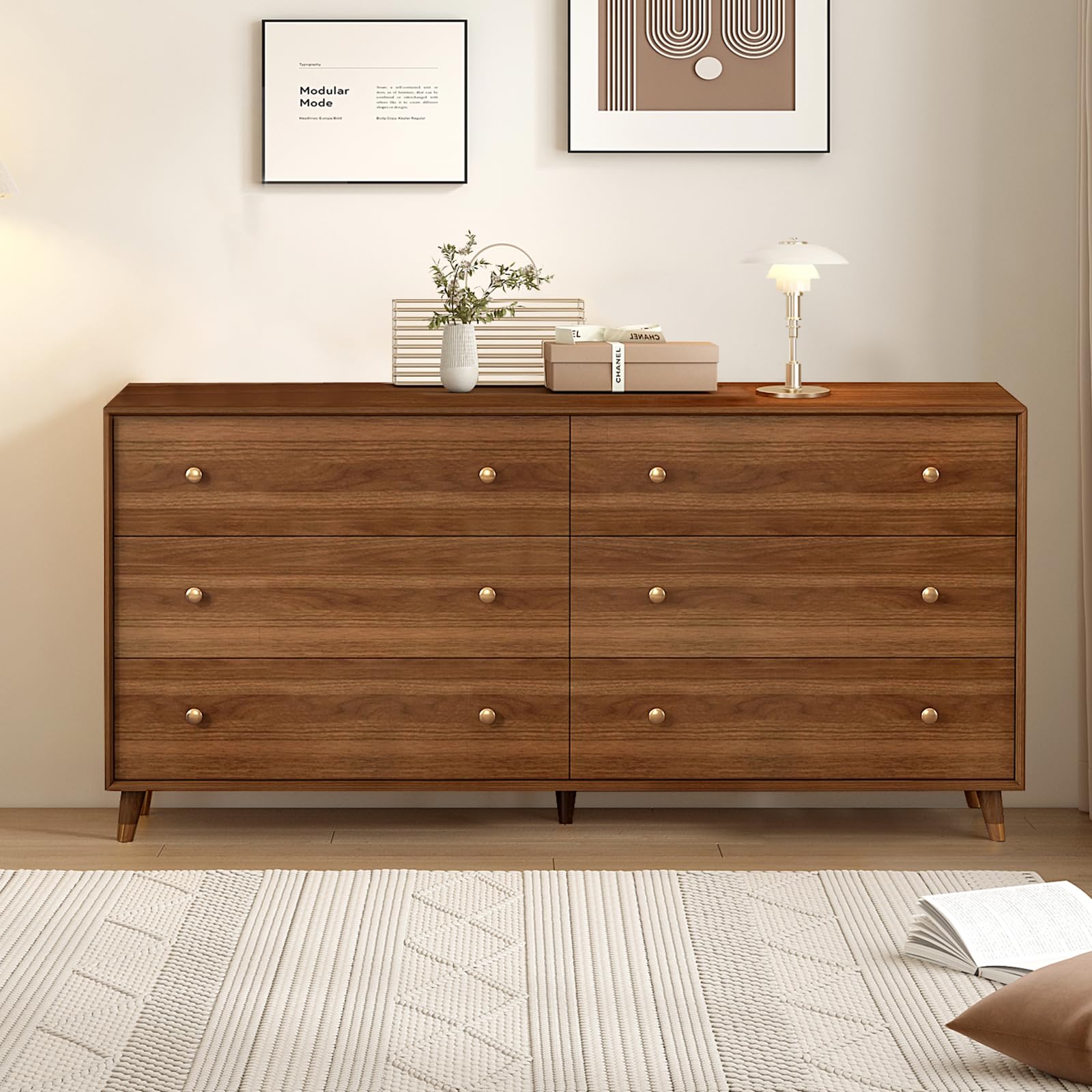 6 Drawer Walnut Dresser with TV Stand Slots