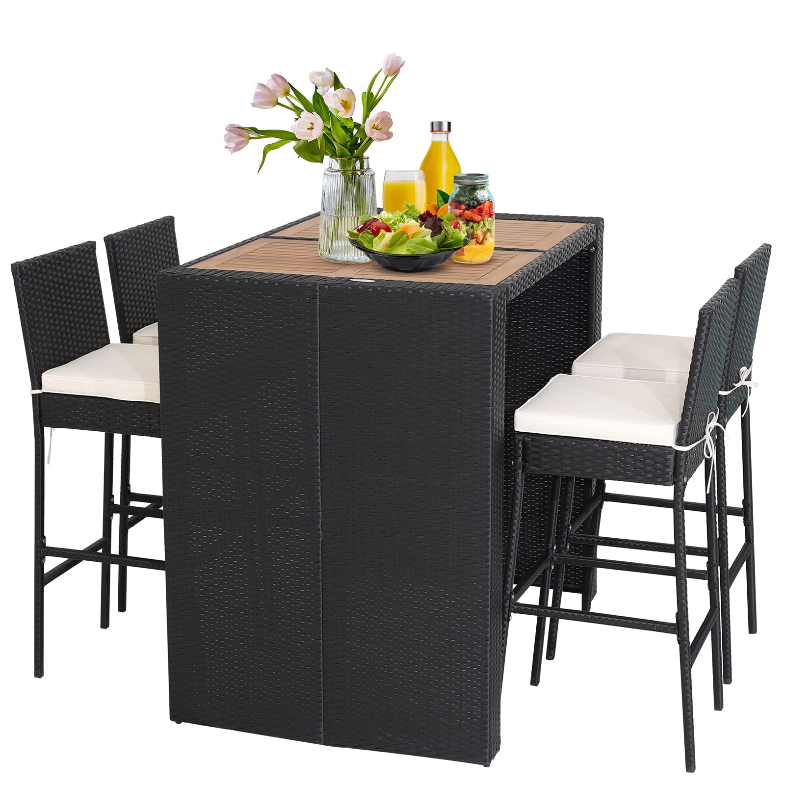5 Piece Outdoor Bar Set with Acacia Wood Table and Rattan Stools