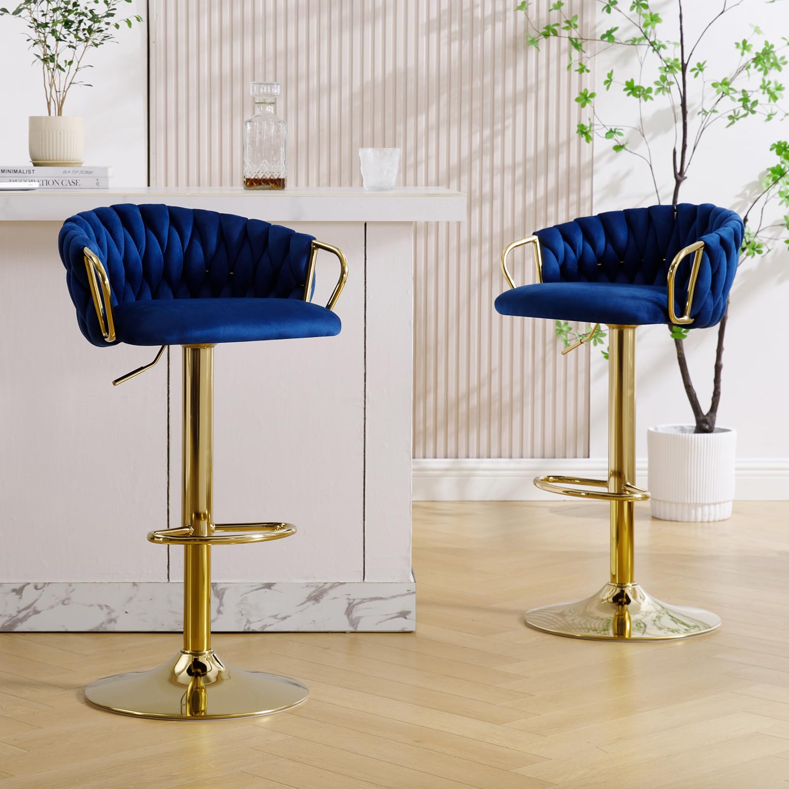 Velvet Bar Stools Set of 2 with Woven Back